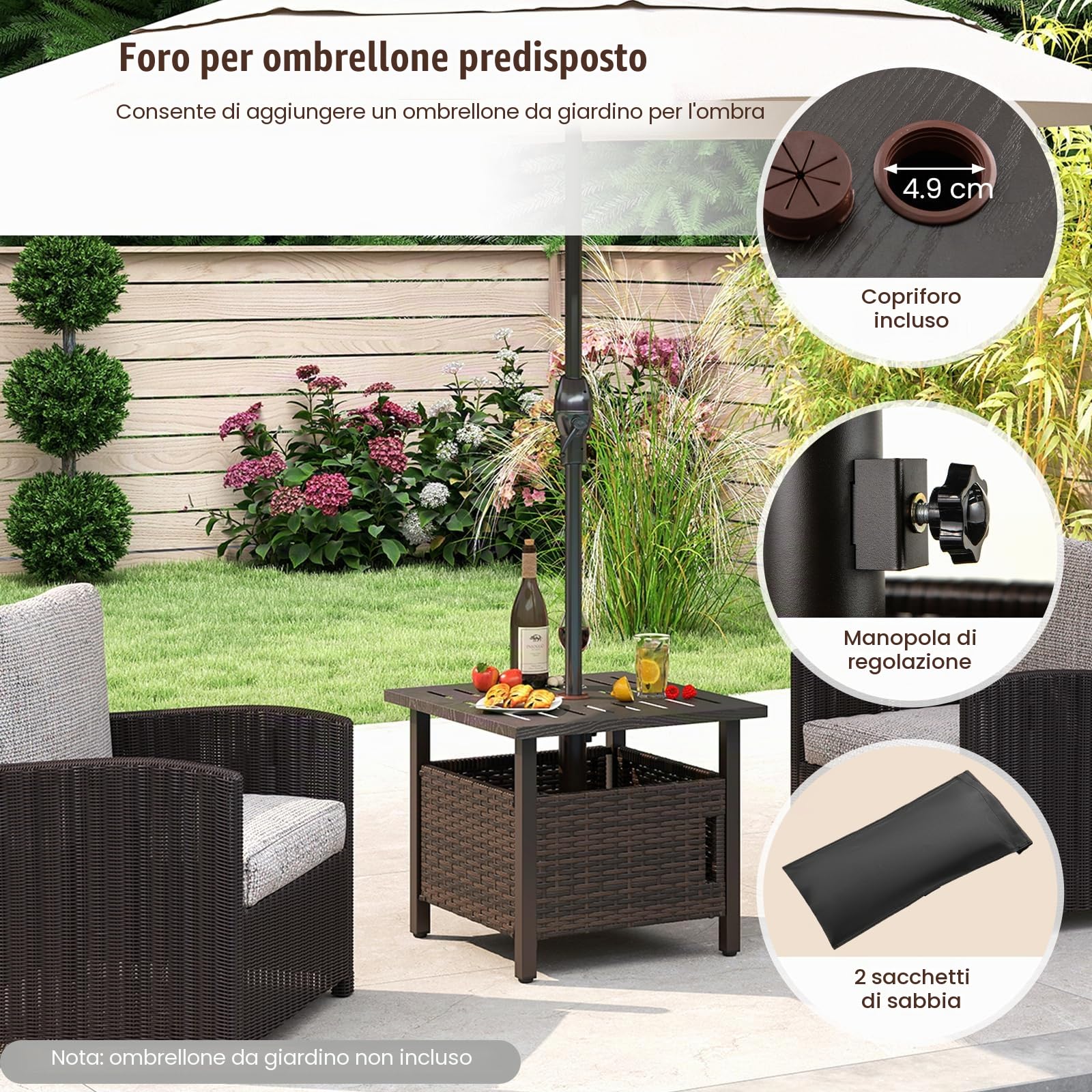 LIFEZEAL Tavolo da giardino in polyrattan con foro per ombrellone, per esterni, resistente alle intemperie, con 2 sacchi di sabbia, tavolo quadrato da balcone per giardino, cortile, terrazza, 55,5 x