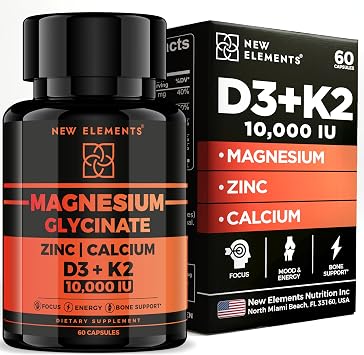 Magnesium Glycinate 1500mg with Vitamin D3 K2 + Zinc & Calcium | D3 10,000 IU | K2 200mcg | Calcium 50mg | Zinc 50mg | Bone, Muscle & Immune Support for Women & Men - Vegan - Non-GMO