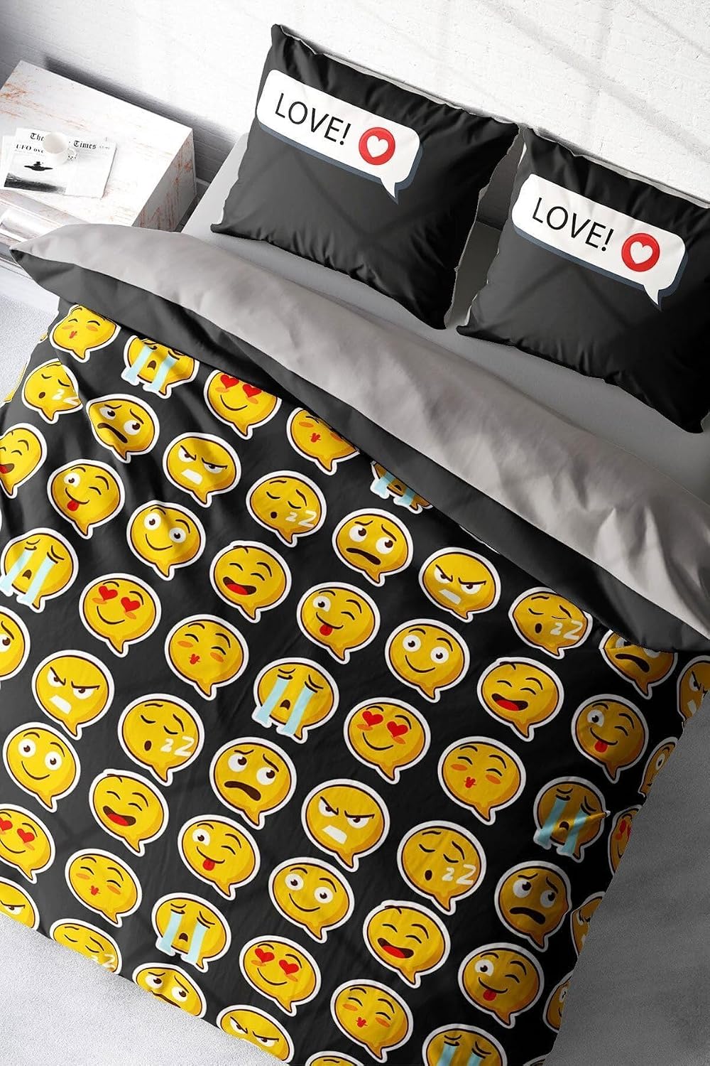MONOHOME I Love Emoji 3D Pamuk Saten Çift Kişilik Nevresim Takımı, monohome1998