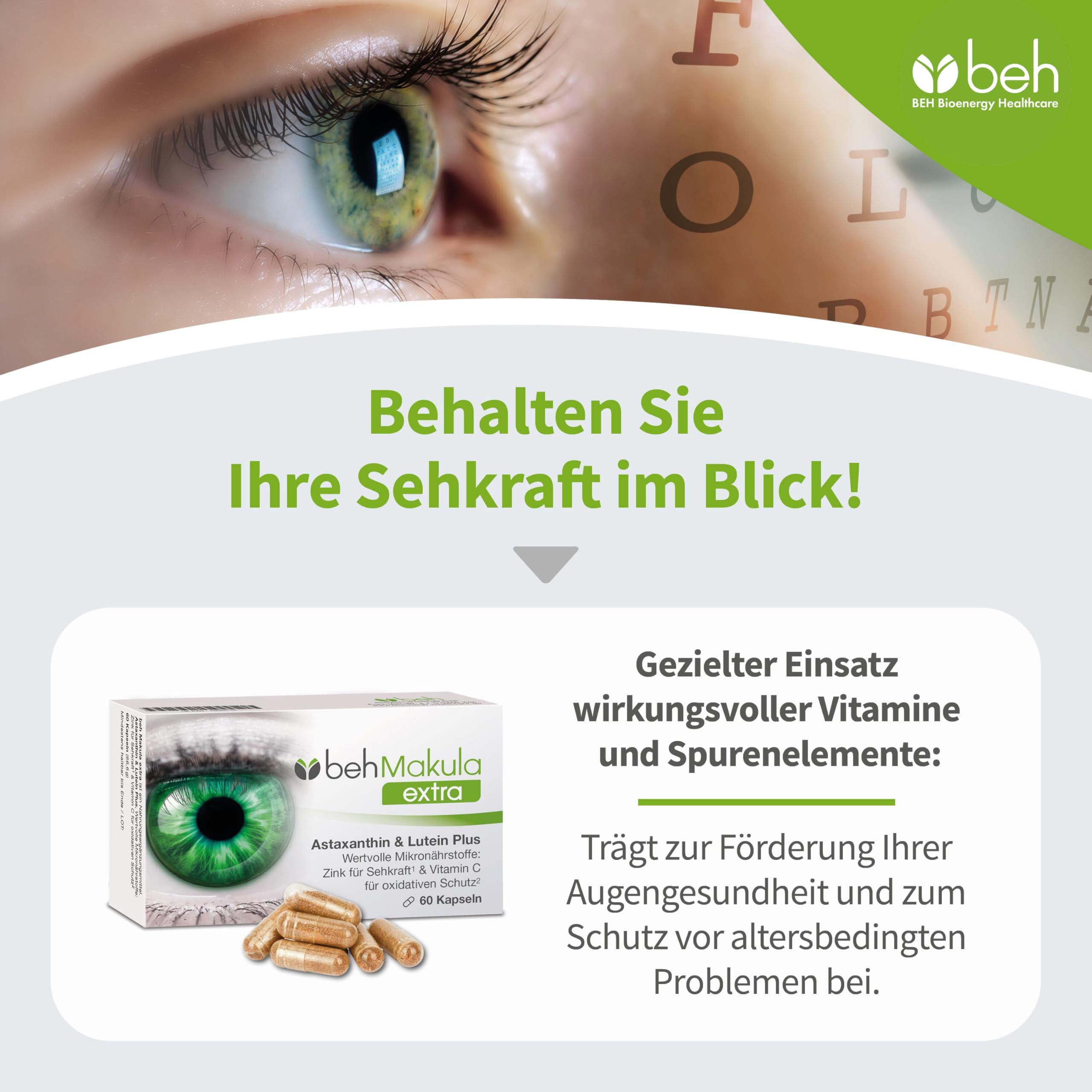 beh Makula extra Kapseln, 180 Stück | Augenvitamine C, E, Folsäure, Vitamin B6, B12, Zink & Kupfer