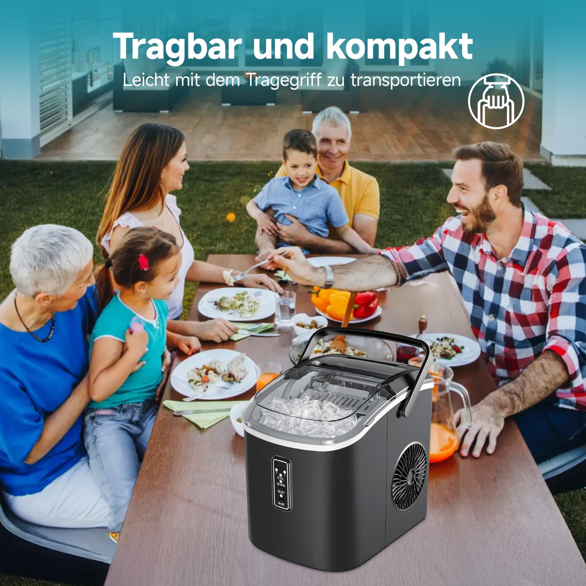 EUHOMY Eiswürfelmaschine Klein, 9 Würfel in 6 Minuten Bereit, 12 Kg/Day, Selbstreinigend, Tragbare Eismaschine Mit Tragegriff, Korb Und Schaufel, 2 Größen Von Eiswürfeln Für Zuhause, Küche, Schwarz