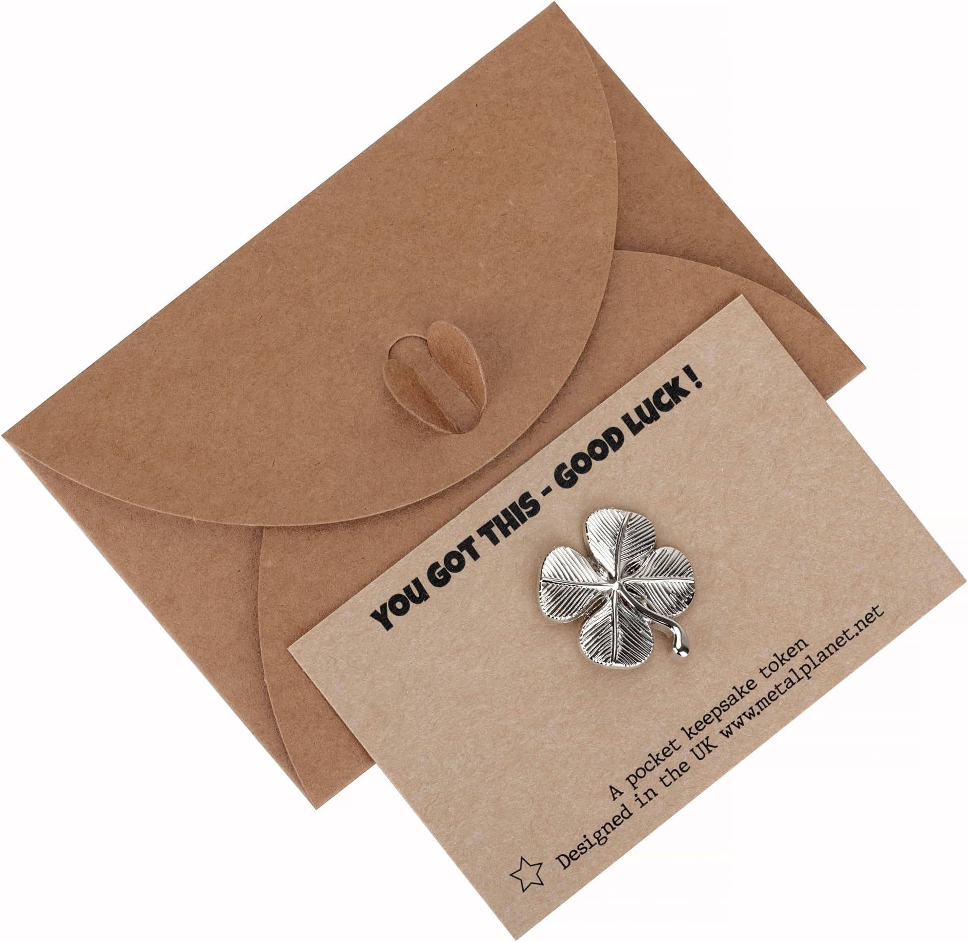 Good Luck shamrock 4 leaf clover metal keepsake token on a kraft gift card with matching envelope - YOU GOT THIS - GOOD LUCK! printed message