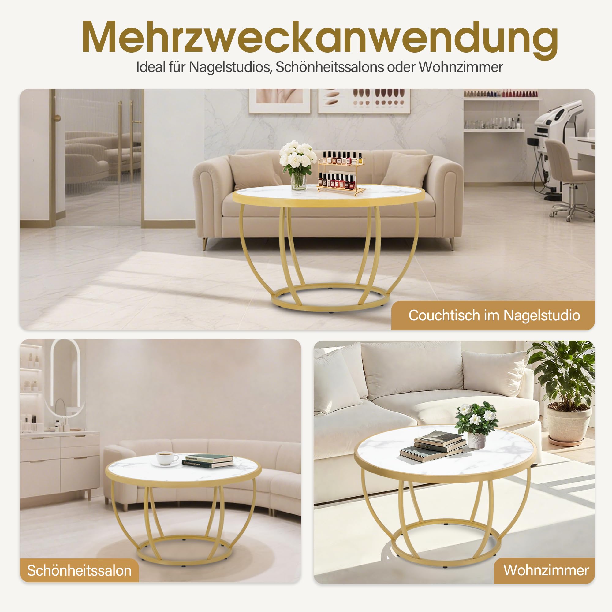 Barberpub Tavolino rotondo in legno, moderno tavolino in metallo, tavolino da caffè per soggiorno, salone di bellezza, tavolo da soggiorno in marmo, bianco, oro, 80 x 80 x 46,5 cm, 2185
