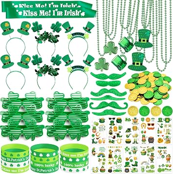 DMIGHT 180Pcs St. Patricks Day Accessories Party Favor Set, Tattoo Stickers, Necklaces, Bracelets, Shamrock Glasses, Headbands, Mustaches, Decorative Plastic Coins and Sash for Party Supplies