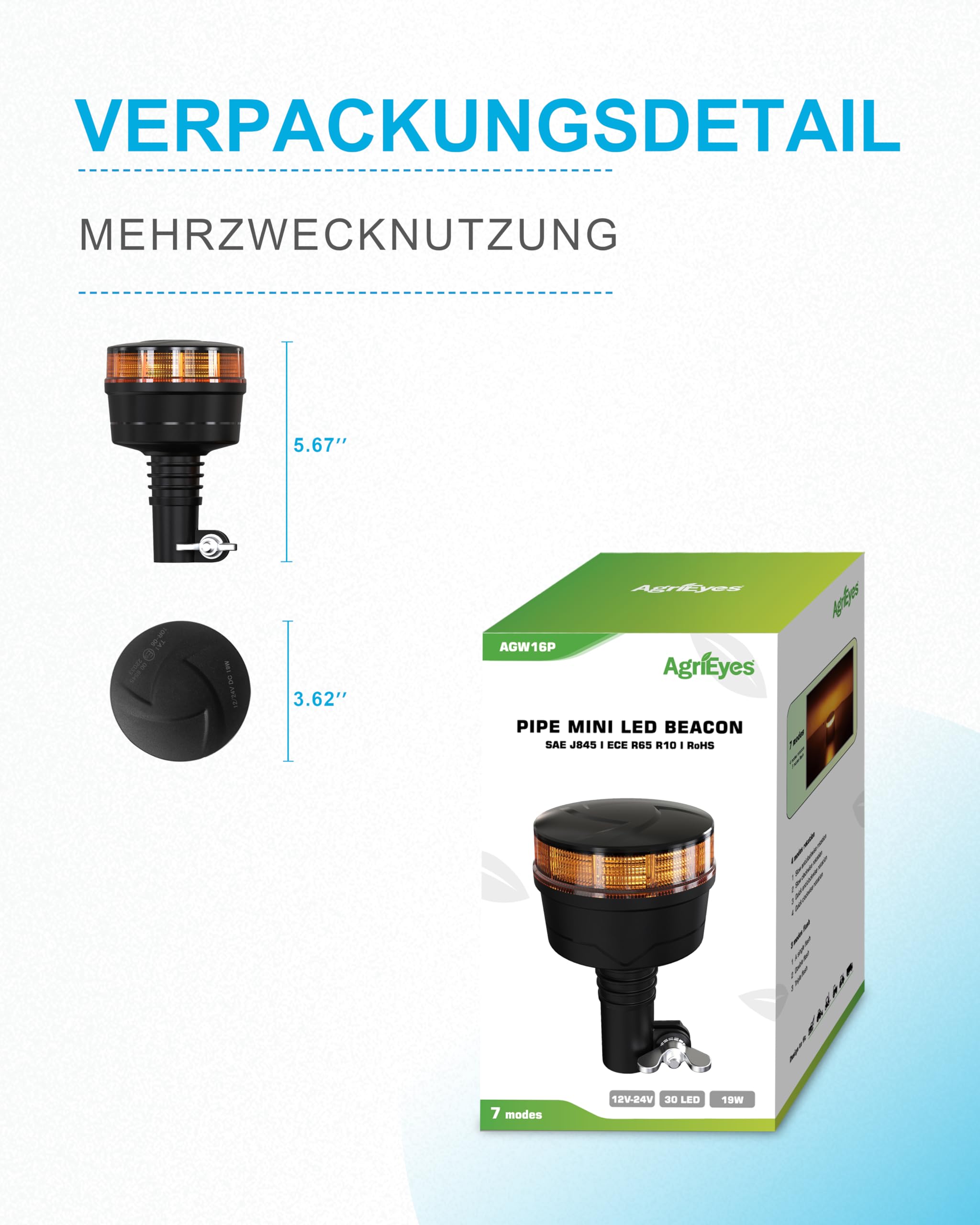 Agrieyes Mastmontierte Rundumleuchte 3,6 Zoll, 38 LED Blinklichter FüR Fahrzeuge, Mini-Rohr-Stroboskop-Warnblinker FüR Traktoren, Lkw, Golfkarts, Gabelstapler, SchneepflüGe