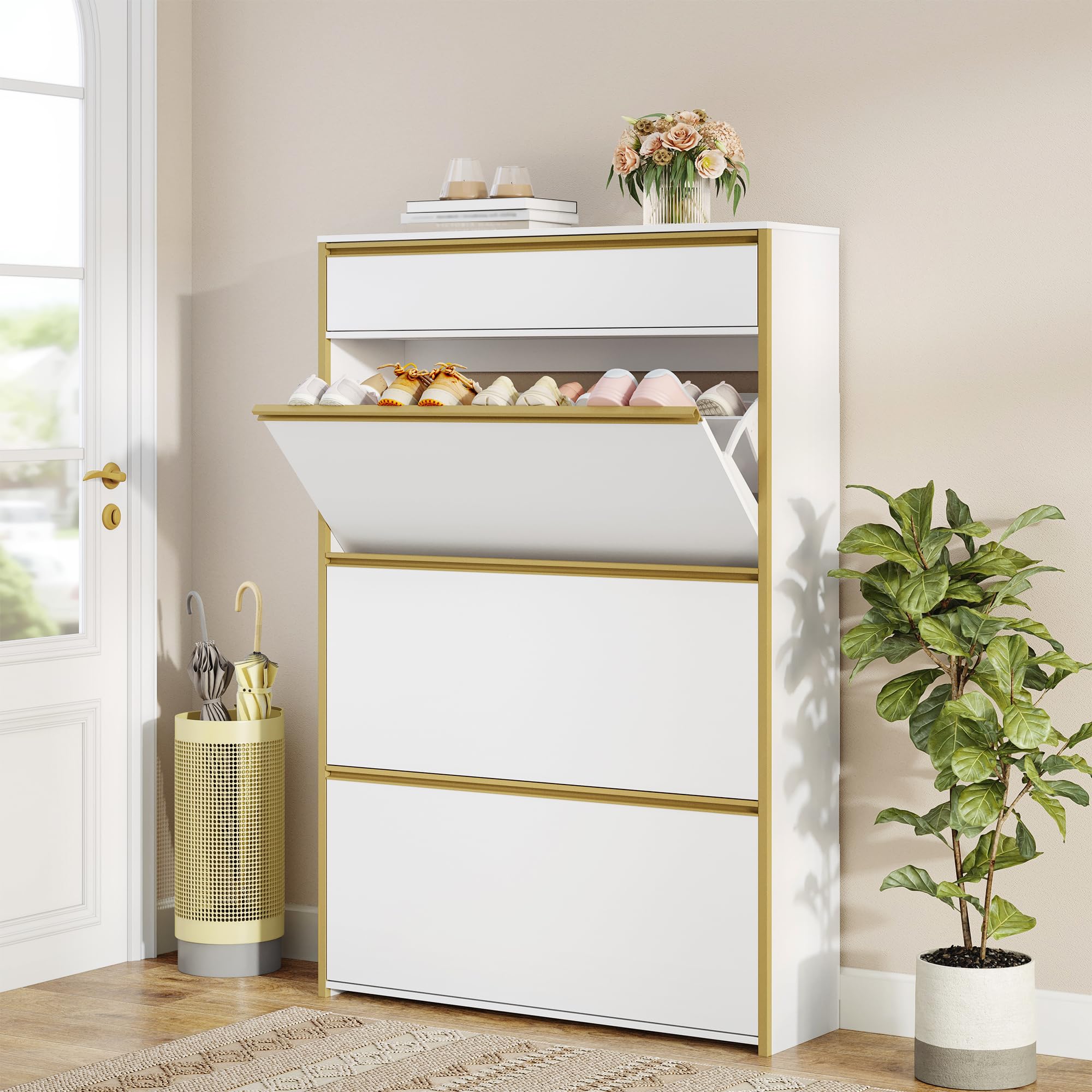 HEXCELEN Meuble à Chaussures avec 3 Battants, 18 à 24 Paire, Blanc-Or | Étroit Étagère à Chaussures avec Tiroir, Meuble à Chaussure, Séparateur Réglables, pour Couloir, Entrée, 80 x 24 x 137,5 cm