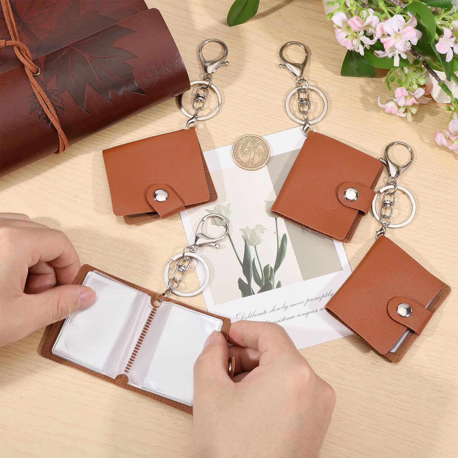 CHGCRAFT 4 Pcs Mini Retro Photo Album Leather Photo Album Customizable Mini Photo Keychain with lobster Claw Clasp Memory Gift for Family Friend Brown - Image 3