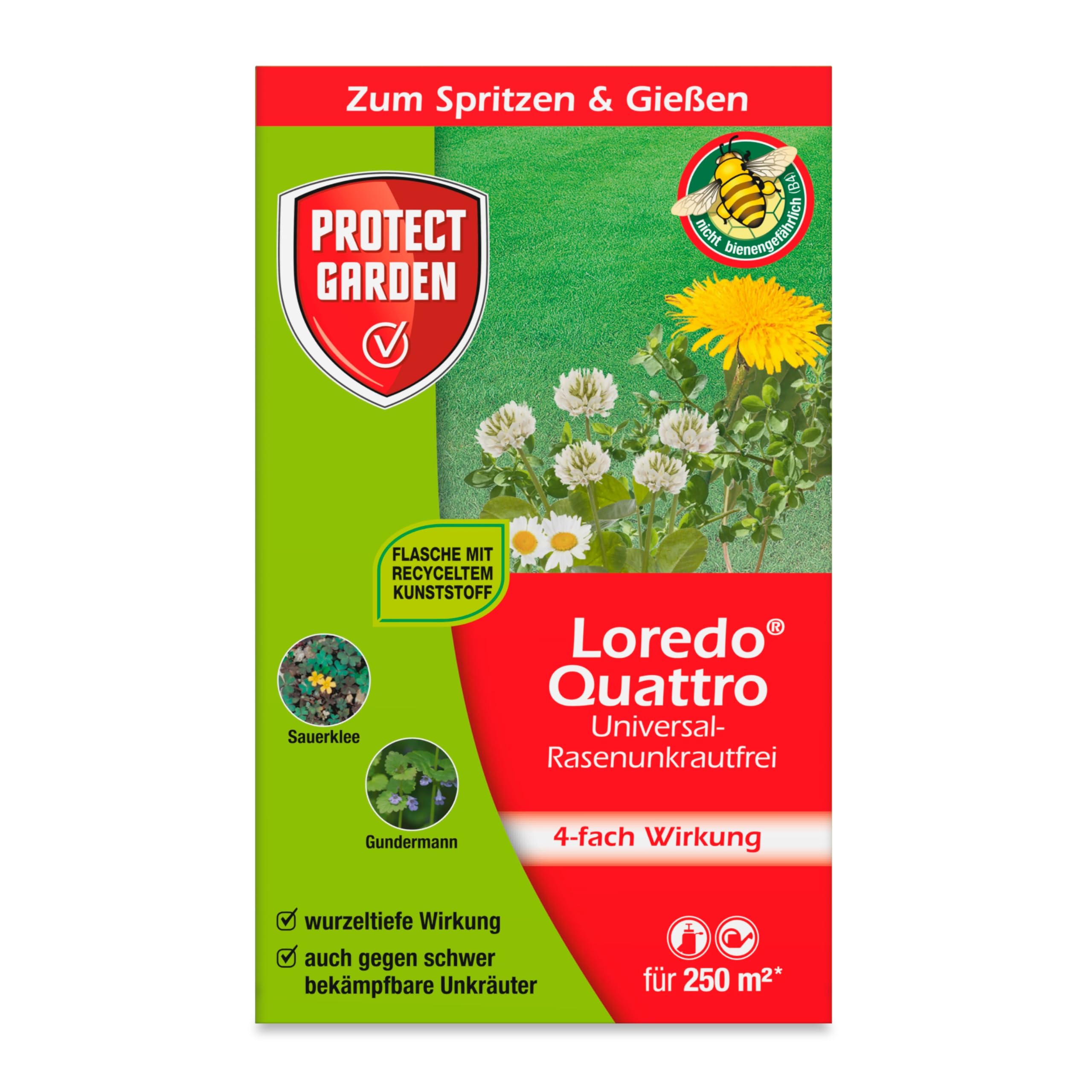 PROTECT GARDEN Universal-Rasenunkrautfrei Loredo Quattro Rasen-Unkrautvernichter gegen hartnäckige Unkräuter mit 4-fach Wirkung, 250 ml