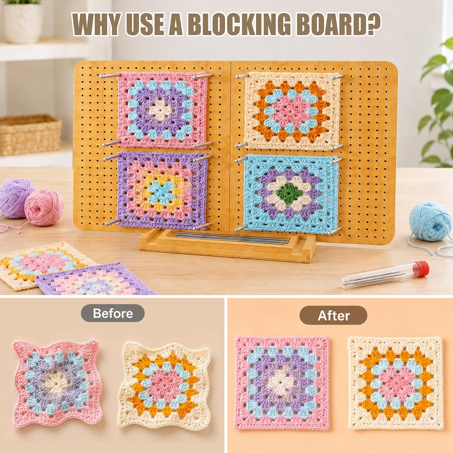 DTTXYSD Portable Crochet Blocking Board with Pegs Granny Square Blocking Board, 22 x 11 Inch Large-Size Natural Bamboo Foldable with 40 Steel Rods & 9 Pins for Crocheting, Needlepoint