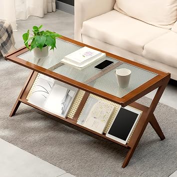 Rattan Coffee Tables for Living Room, Mid Century Modern Coffee Table with Glass Top, Large Boho Center Table with Storage, Brown