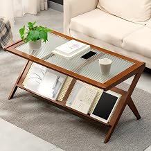 Rattan Coffee Tables for Living Room, Mid Century Modern Coffee Table with Glass Top, Large Boho Center Table with Storage, Brown