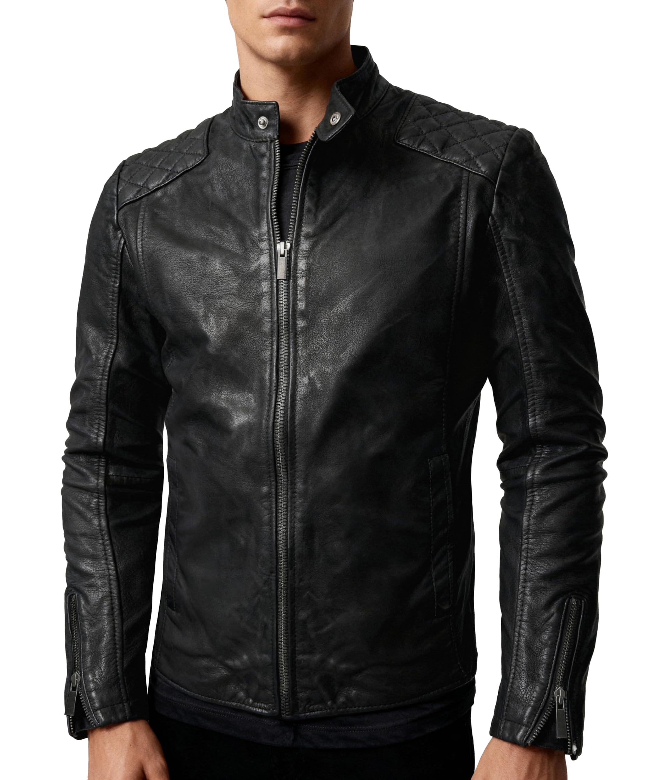 Crone Nero Herren Nubuk Lederjacke Biker Jacke mit Stehkragen