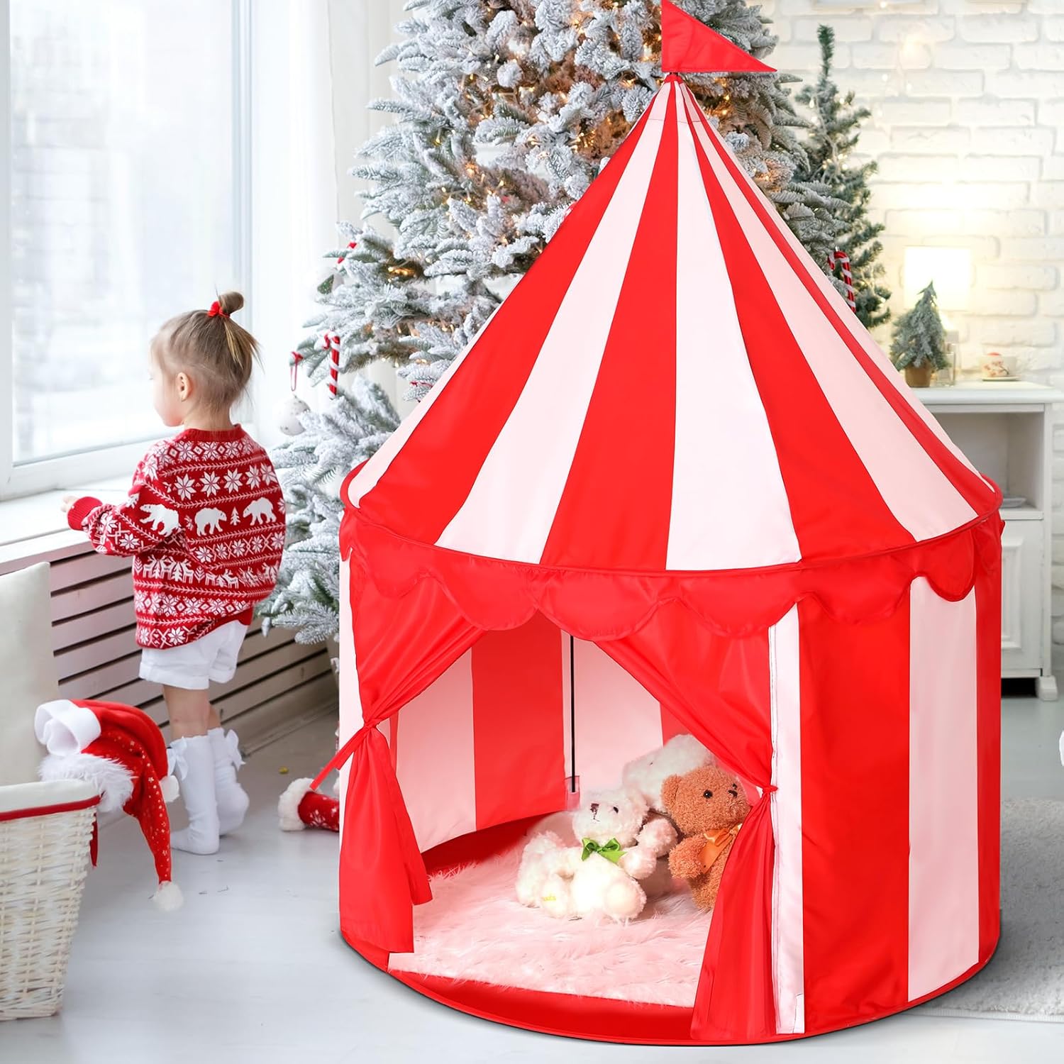 Circus Tent Red Floor Play Circus Tent Large Playhouse Castle for Play and Games Indoor and Outdoor Camping Activity(Red, White) - Image 5