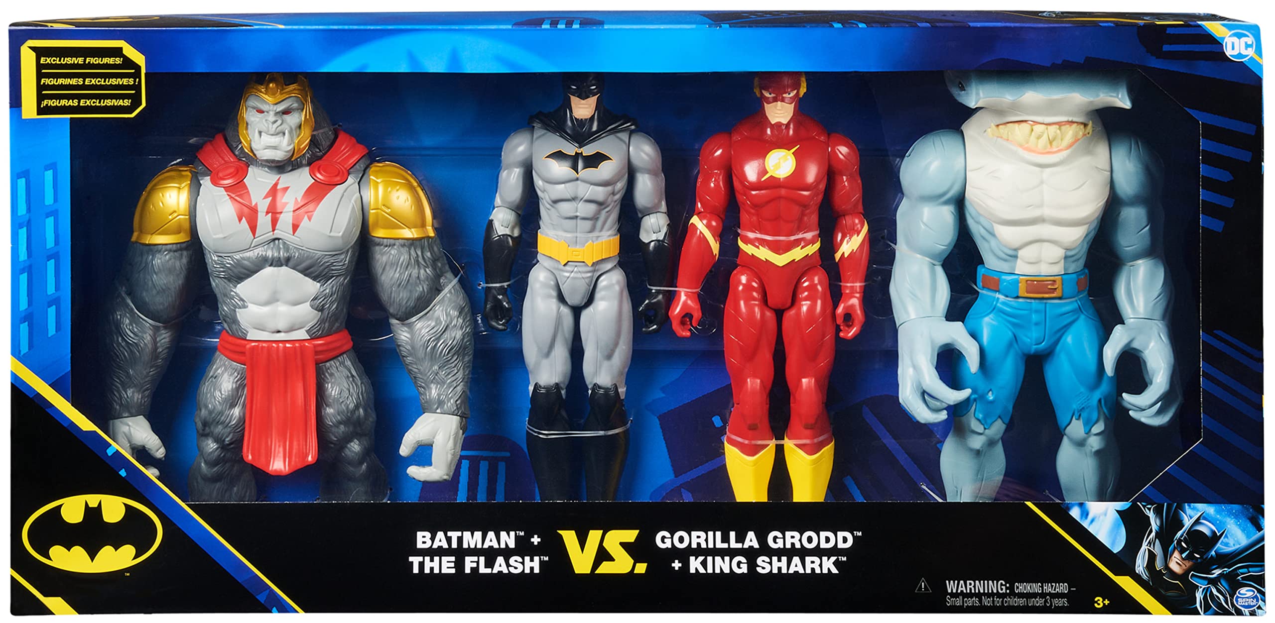 DC Comics, Pack de 4 Figuras Batman vs. Gorilla Grodd, Figuras de acción de 30 cm (Batman, The Flash, Gorilla Grodd, King Shark), Juguetes para niños y niñas a Partir de 3 años