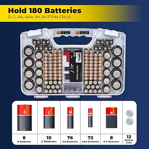 Miniatura 27 de Ontel, Battery Daddy - Estuche organizador de baterías con probador, almacena y protege hasta 180 baterías, tapa transparente con bloqueo Rojo