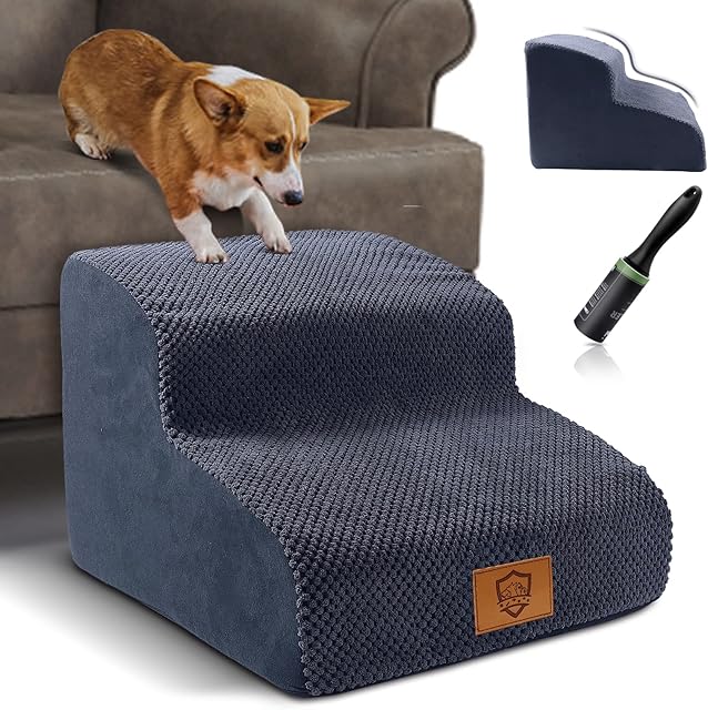 Myiosus Dog Stairs, 2-Steps High Density Foam Pet Stairs, Dog Steps for Bed Sofa with Washable Cover, Non-Slip Pet Ramp Ladder for Small Dogs and Cats