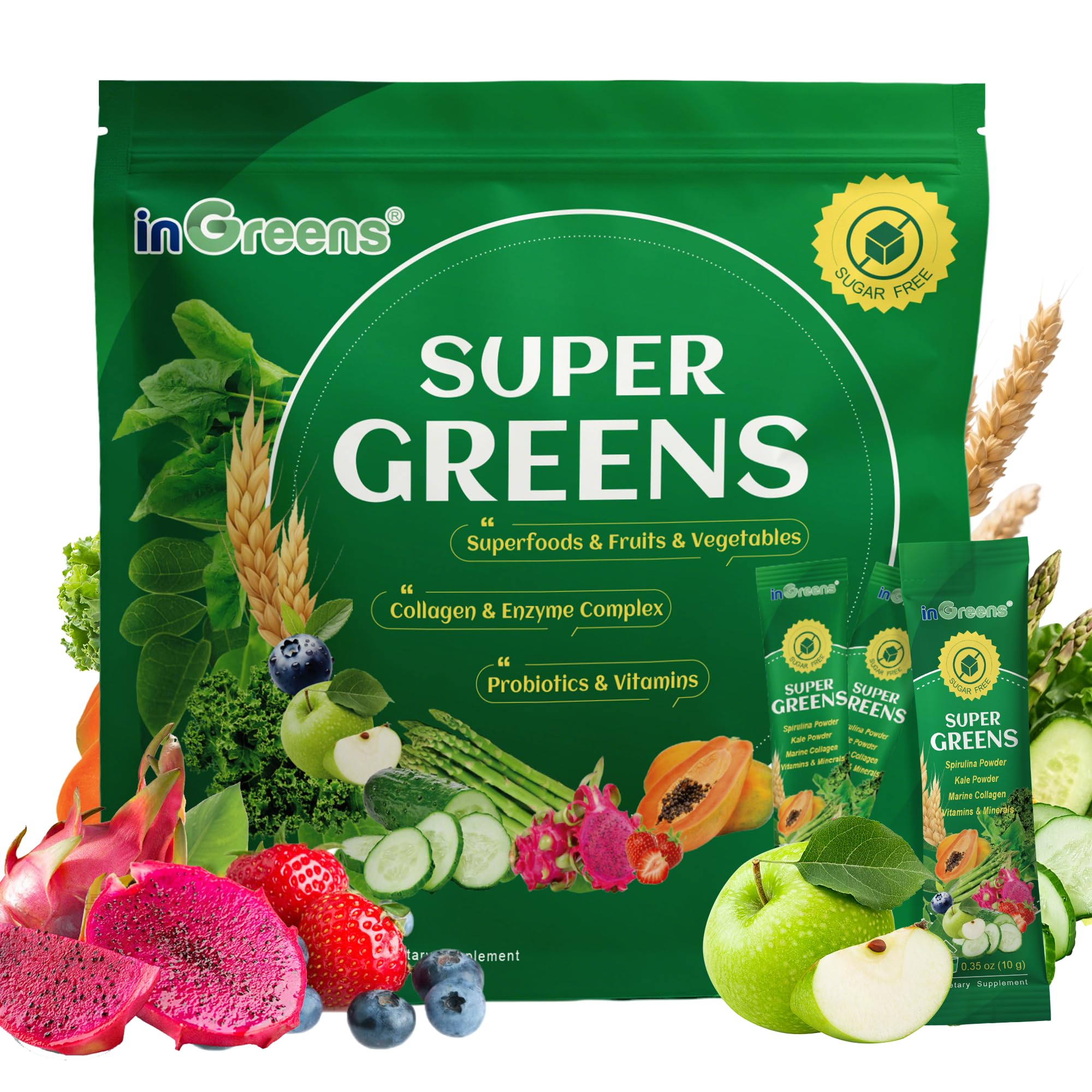 inGreens Super Greens Powder, Superfoods, 0 Sugar, 30 Packets