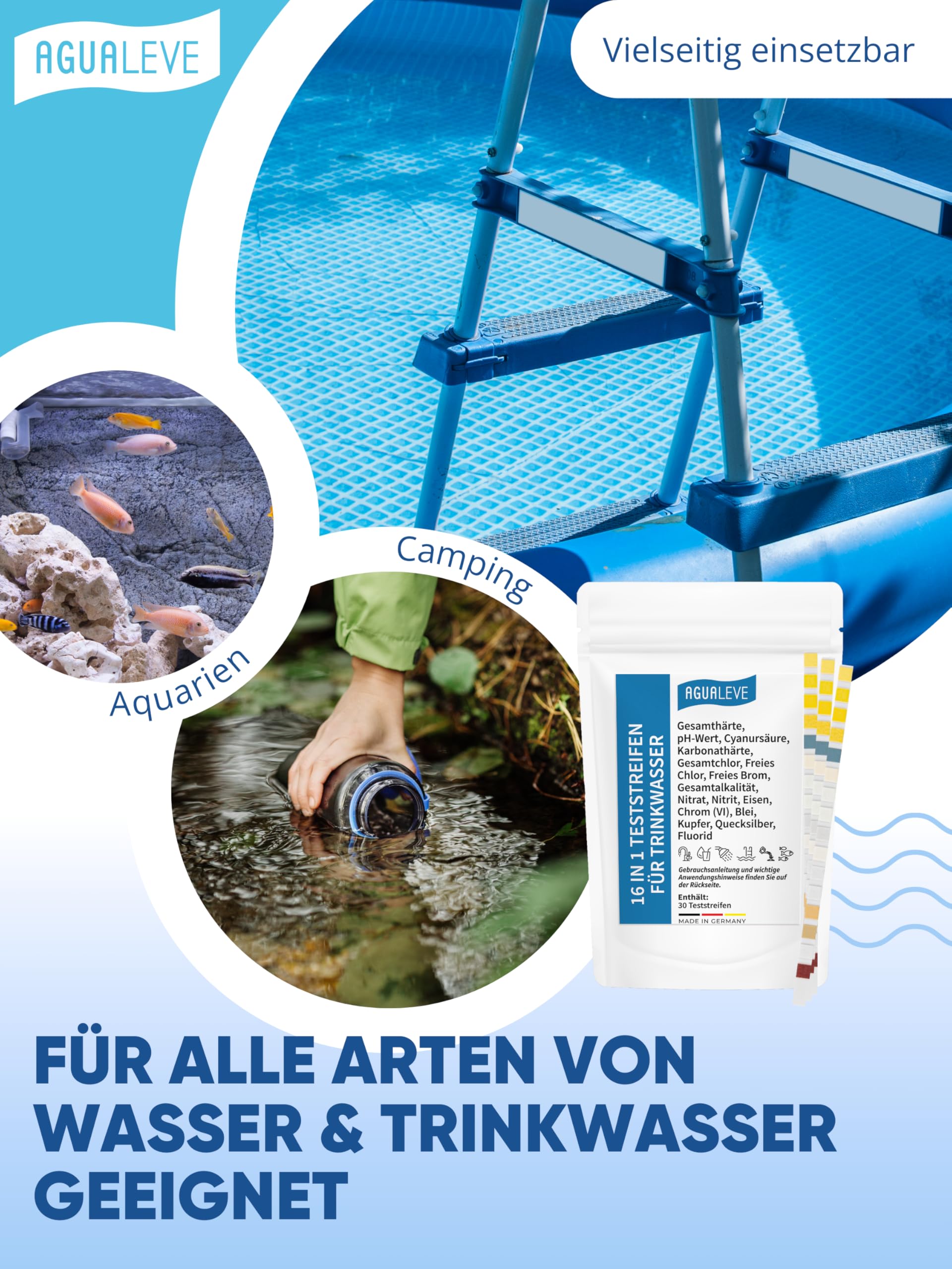 AGUALEVE 16-in-1 Trinkwasser Teststreifen – 30 Stück – Misst Schwermetalle, Chlor, PH & Mehr – Made In Germany – Für Sicheres Wasser AGUALEVE 16-in-1 Trinkwasser Teststreifen – 30 Stück – Misst Schwermetalle, Chlor, PH & Mehr – Made In Germany – Für Sicheres Wasser