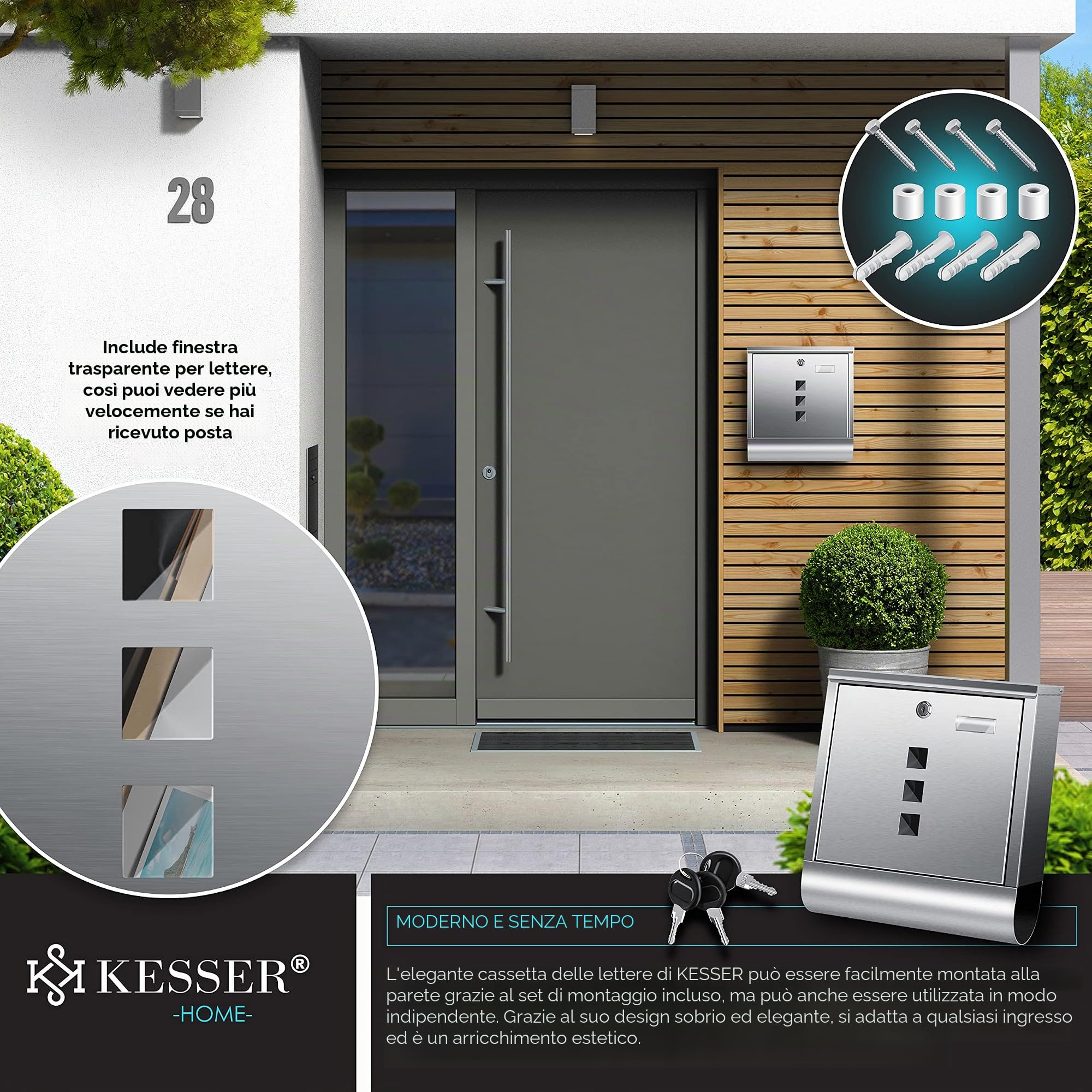 KESSER® Cassetta per le Lettere in Acciaio Inox con scomparto per Giornali, Targhetta, Finestra di visualizzazione, Chiave 3X, Verniciata a polvere, Materiale di Montaggio, Argento