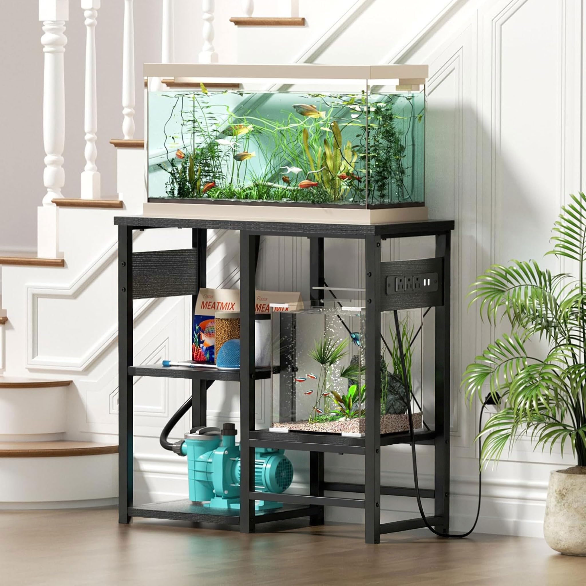 GRLEAF Aquarium-Ständer mit Steckdosen, 4-stöckig, Metall-Aquariumständer mit Holzablagen, 78 cm L x 35,1 cm B x 77 cm H, Schwarz