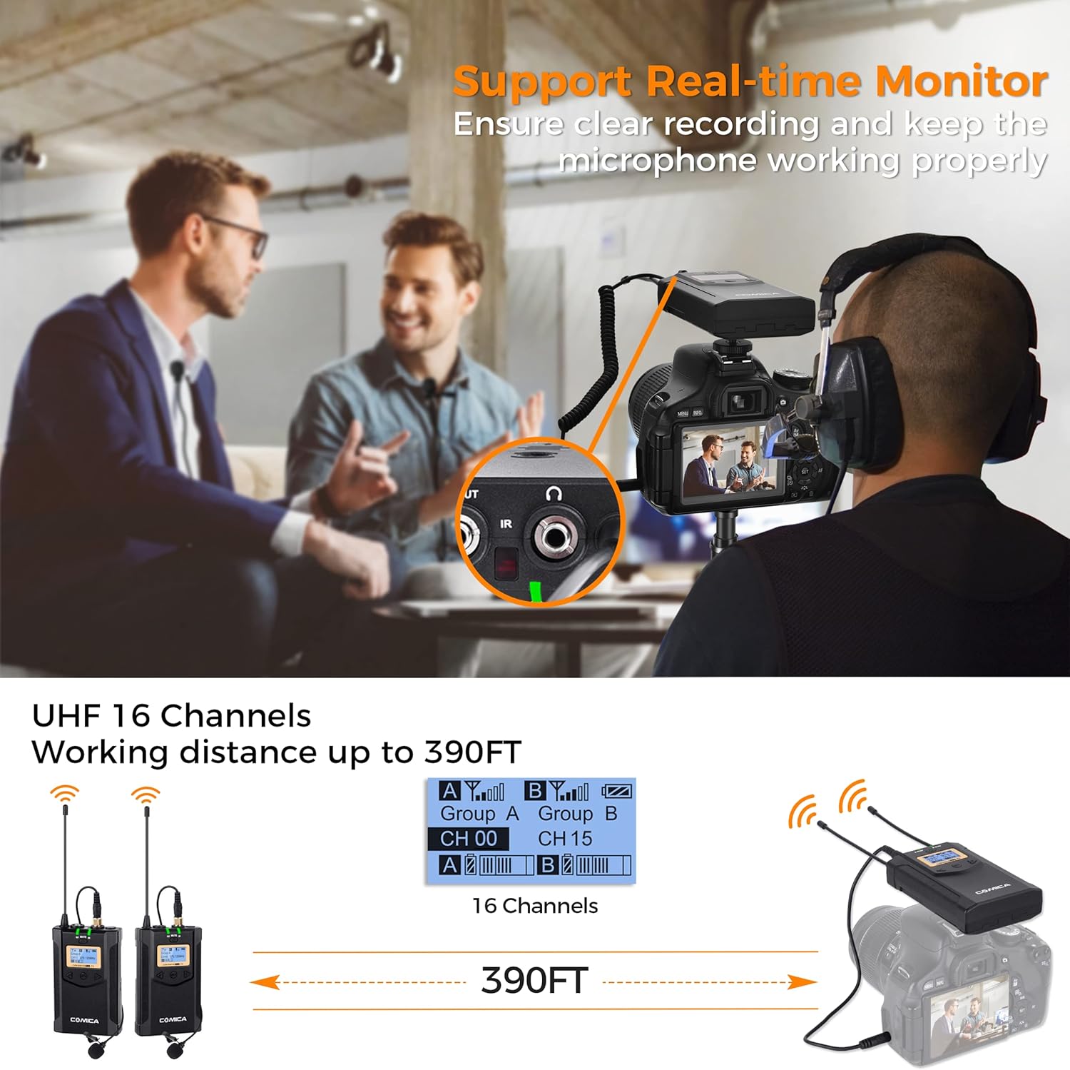 Wireless Lavalier Microphone, with Carrying Bag,Comica CVM-WM100 PLUS UHF 48 Channels Dual Lapel Microphone System for DSLR Cameras, XLR Camcorder, Phone, Lav Mic for Interview Youtube Video Shotting - Image 2