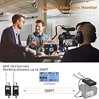 Vista 2 de Micrófono Lavalier inalámbrico, con bolsa de transporte, Comica CVM-WM100 PLUS UHF 48 canales Sistema de micrófono de doble solapa para cámaras