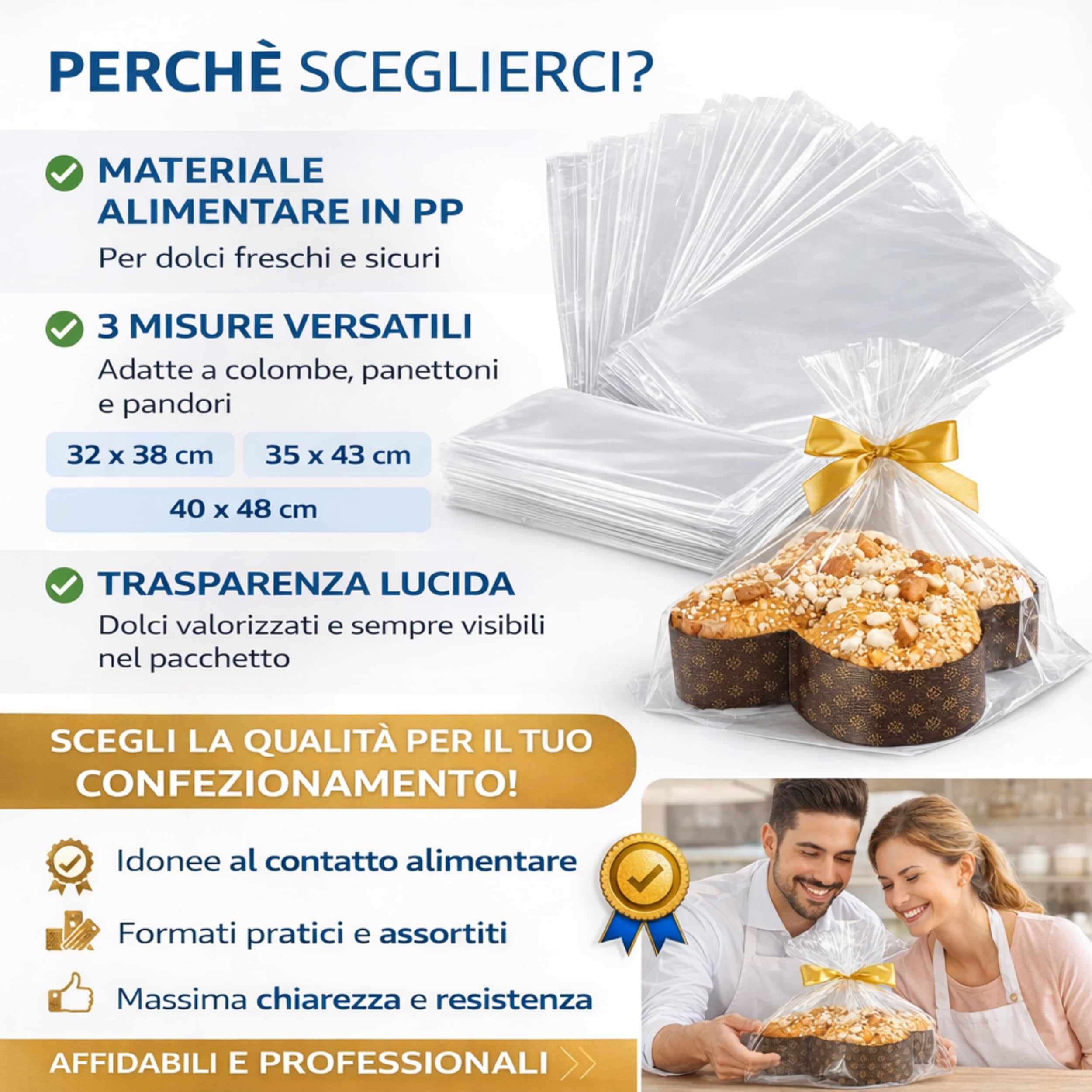 50 Buste Trasparenti Per Confezioni Alimentari in Polipropilene PP, IDEALE PER: Colomba, Panettone e Pandoro, Idonee al Contatto Alimentare, Alta Trasparenza, (50 Buste Porta Colombe, 35 x 43 cm)