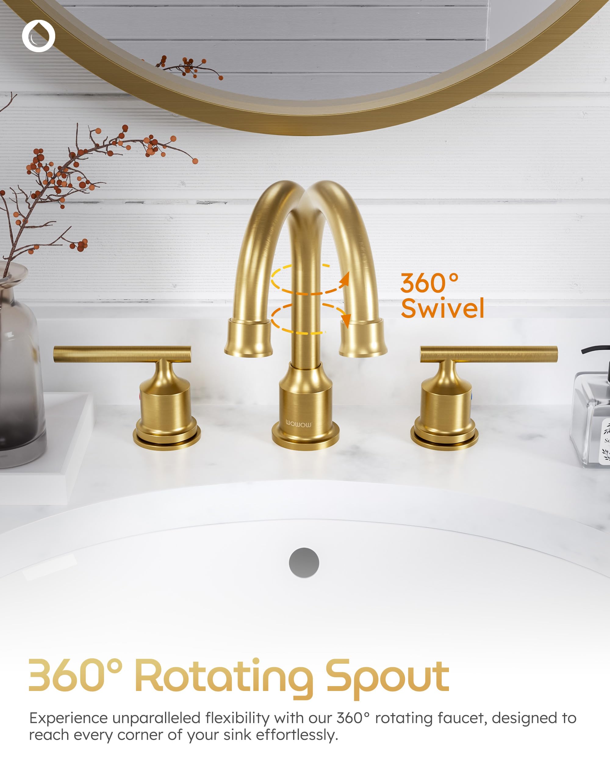 WOWOW Gold Bathroom Faucet 3 Hole Bathroom Sink Faucet Widespread Vanity Faucet 2 Handle Brass Basin Faucet with — view 3