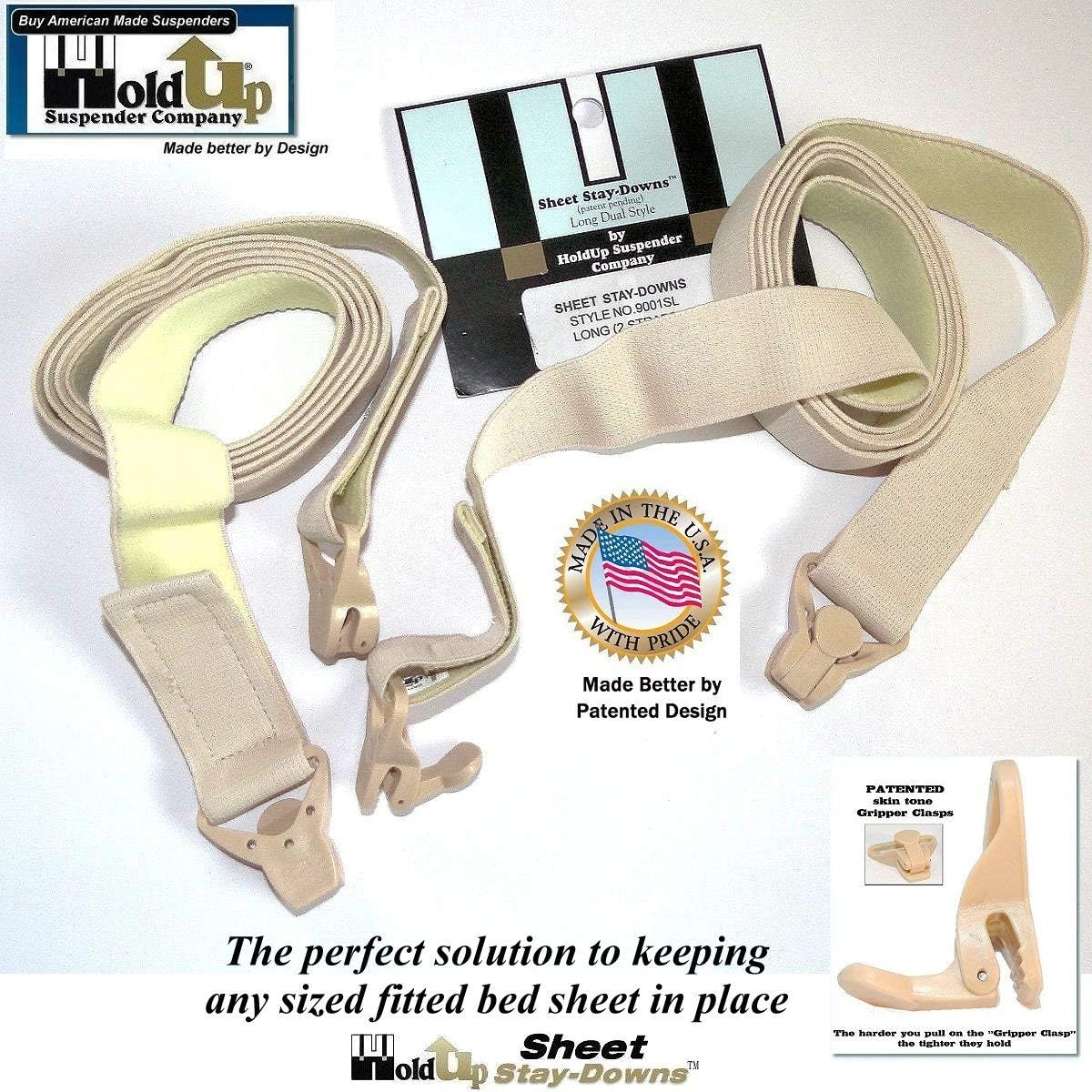 Hold-Up Brand Crisscross Fitted Sheet Strap Stay-Downs with US Patented Gripper Clasps
