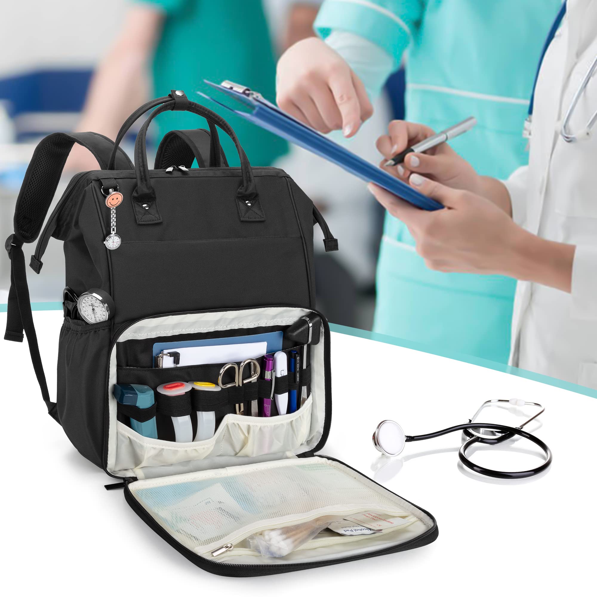 LoDrid Borsa per la cura, robusta borsa medica per caregiver, zaino con robusto telaio in acciaio (superiore), scomparto per computer portatile da 15,6 pollici, cerniera e imbottitura interna, nero