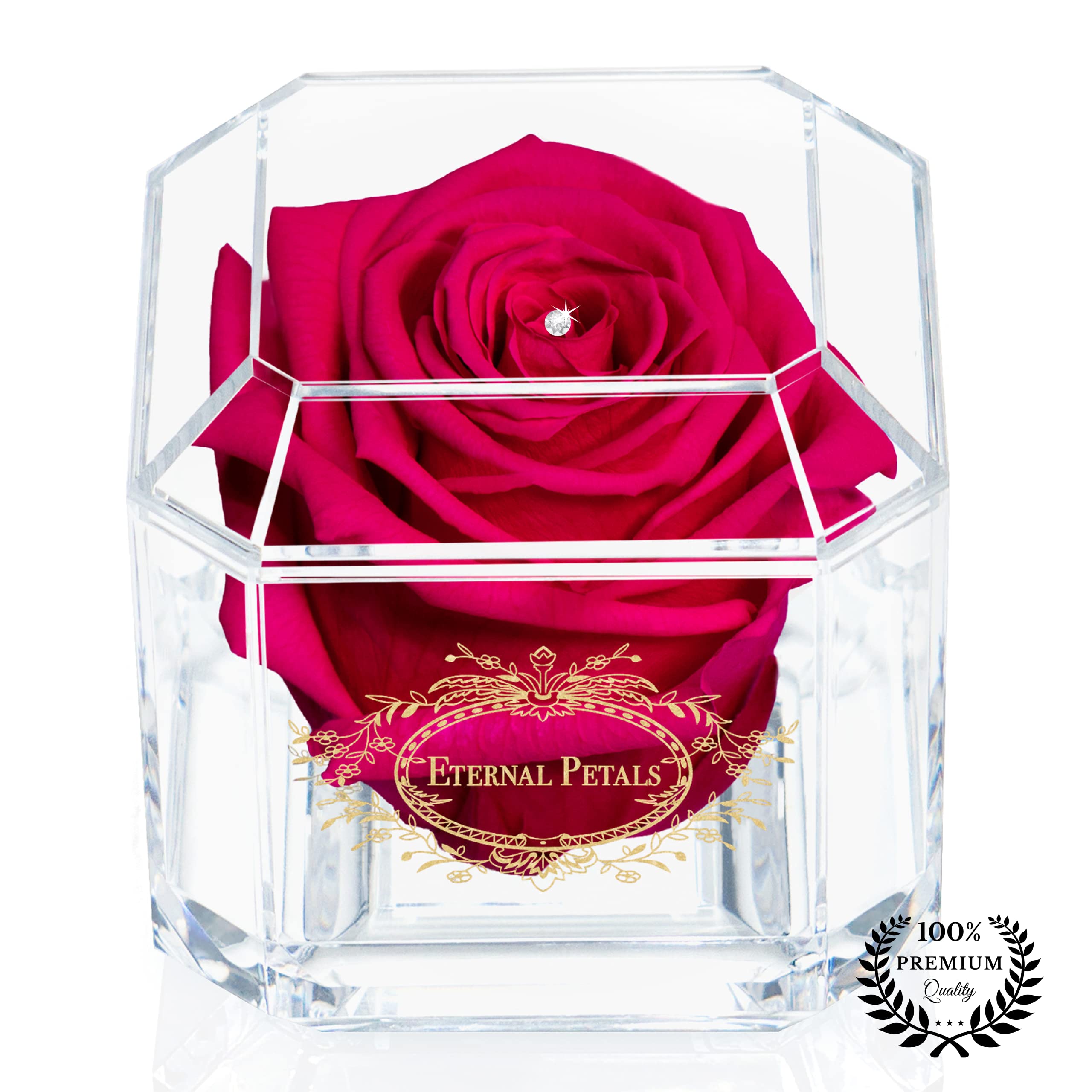 Eternal PetalsA 100% Real Rose That Lasts Years - , Handmade in Dubai– Gold Solo with A Clear Swarovski Crystal (Fuchsia)