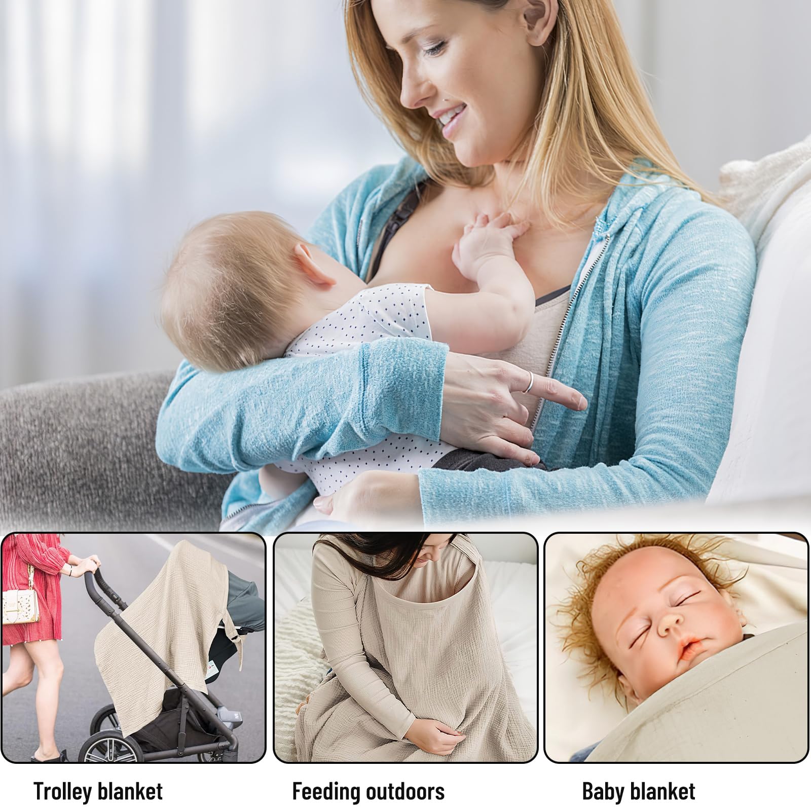 Couverture d'Allaitement en Coton, ZoneYan Tablier d'Allaitement avec Bretelles Réglables, Douce et Respirante Écharpe d'Allaitement pour Bébé, Housse d'Allaitement en Mousseline pour Maman (Kaki)