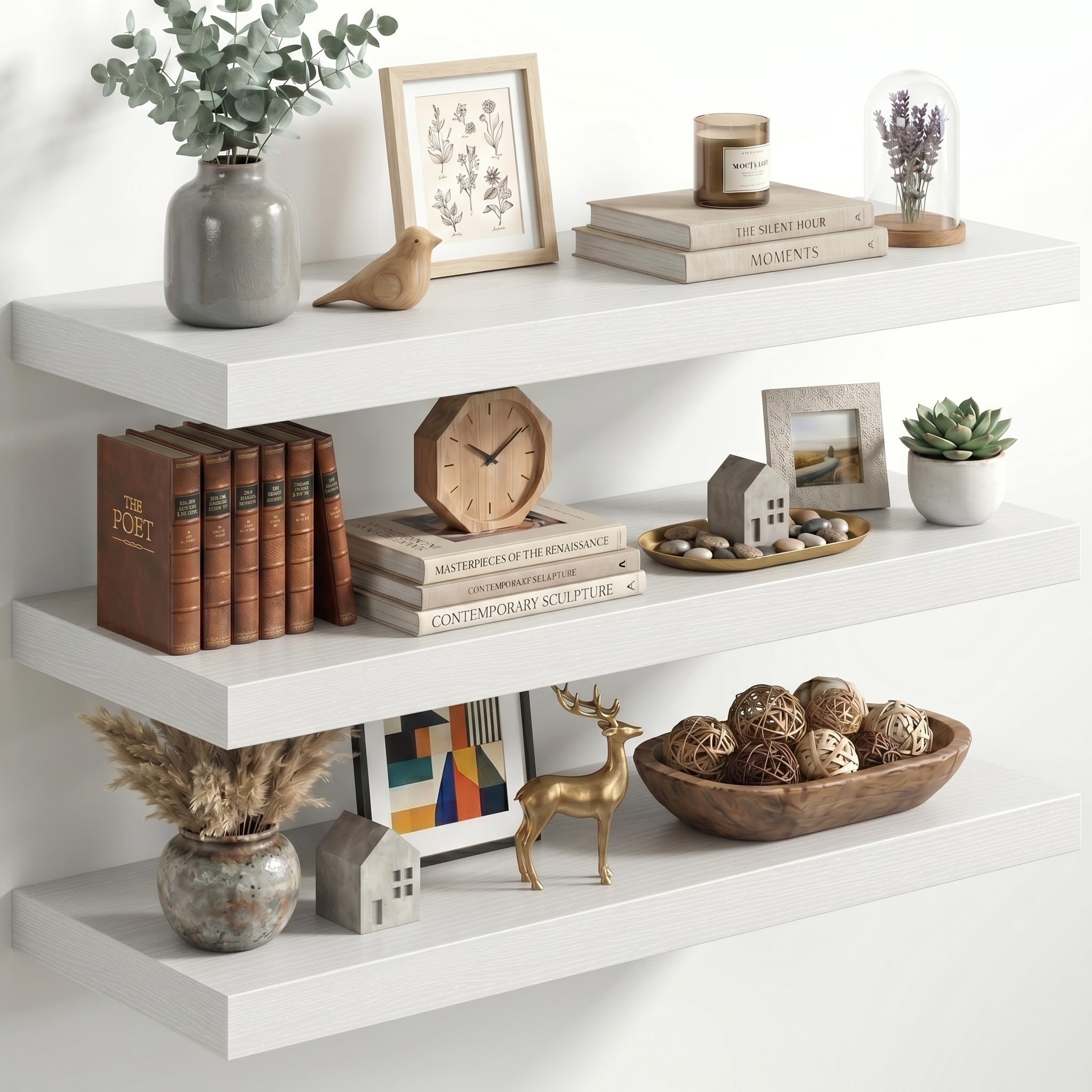 Fun Memories 32 Inch Floating Shelves for Wall, 12" Deep Large Wall Mounted Wood Shelves with Invisible Bracket, Rustic White Floating Shelf for Bathroom Over Toilet Kitchen Living Room, Set of 3