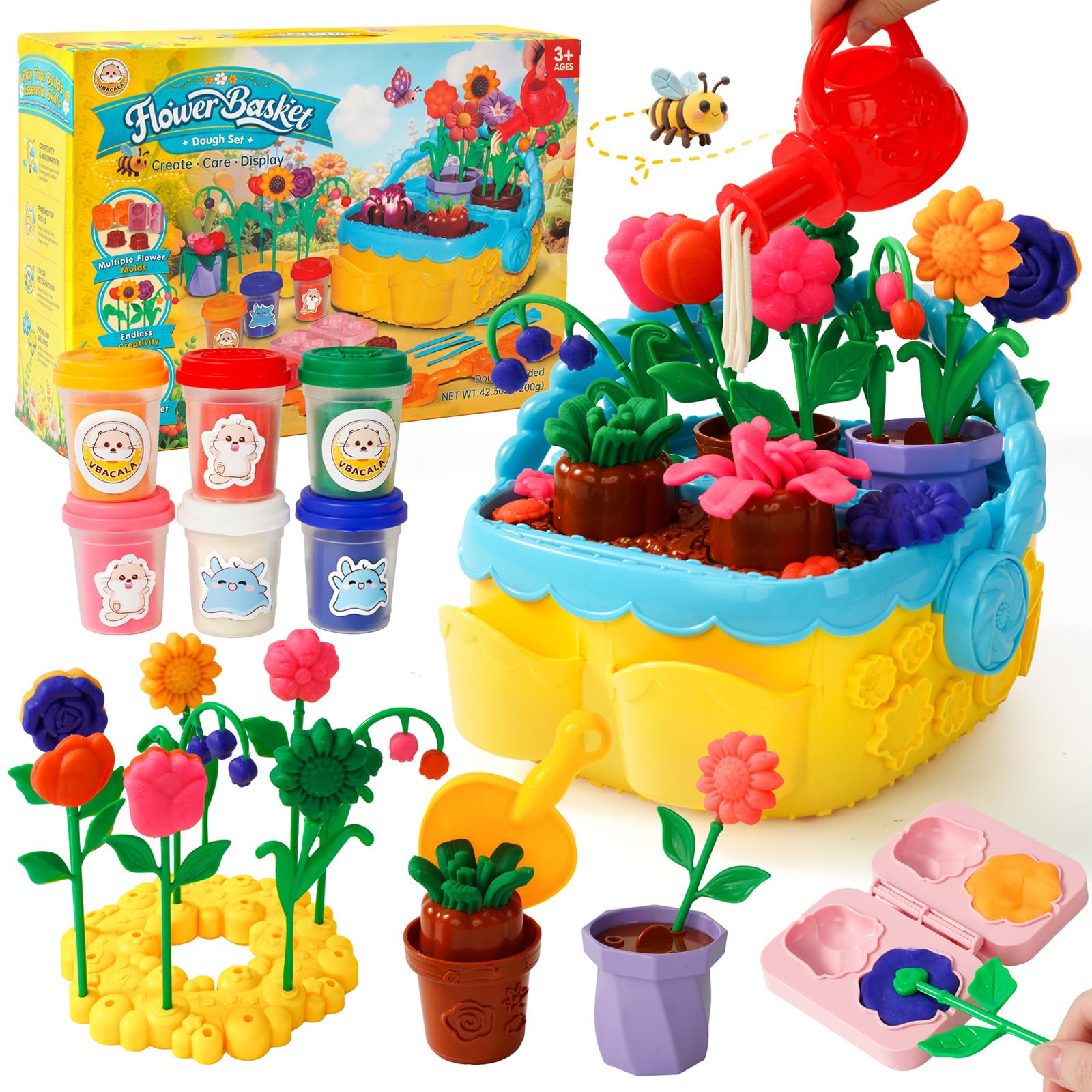 VBACALA Bunter Blumenspaß Knete Set,43PCS Kreatives Bastelset mit 6 Farben Knetmasse, 10 Blumenformen & Zubehör, Blumenkorb mit Gießkanne & Werkzeug, Knetset ab 3 Jahre Geschenk für Mädchen & Jungen