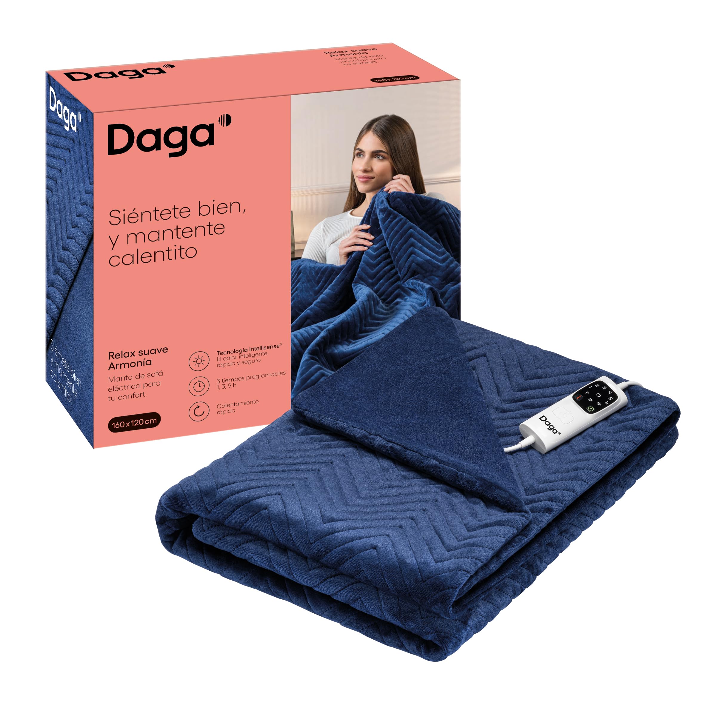 DAGA Electric Heated Sofa Blanket Relax Soft Harmony Blue, Intellisense Heating Technology, Velvet Fabric and Padding, 6 Temperature Levels, 160 x 120 cm