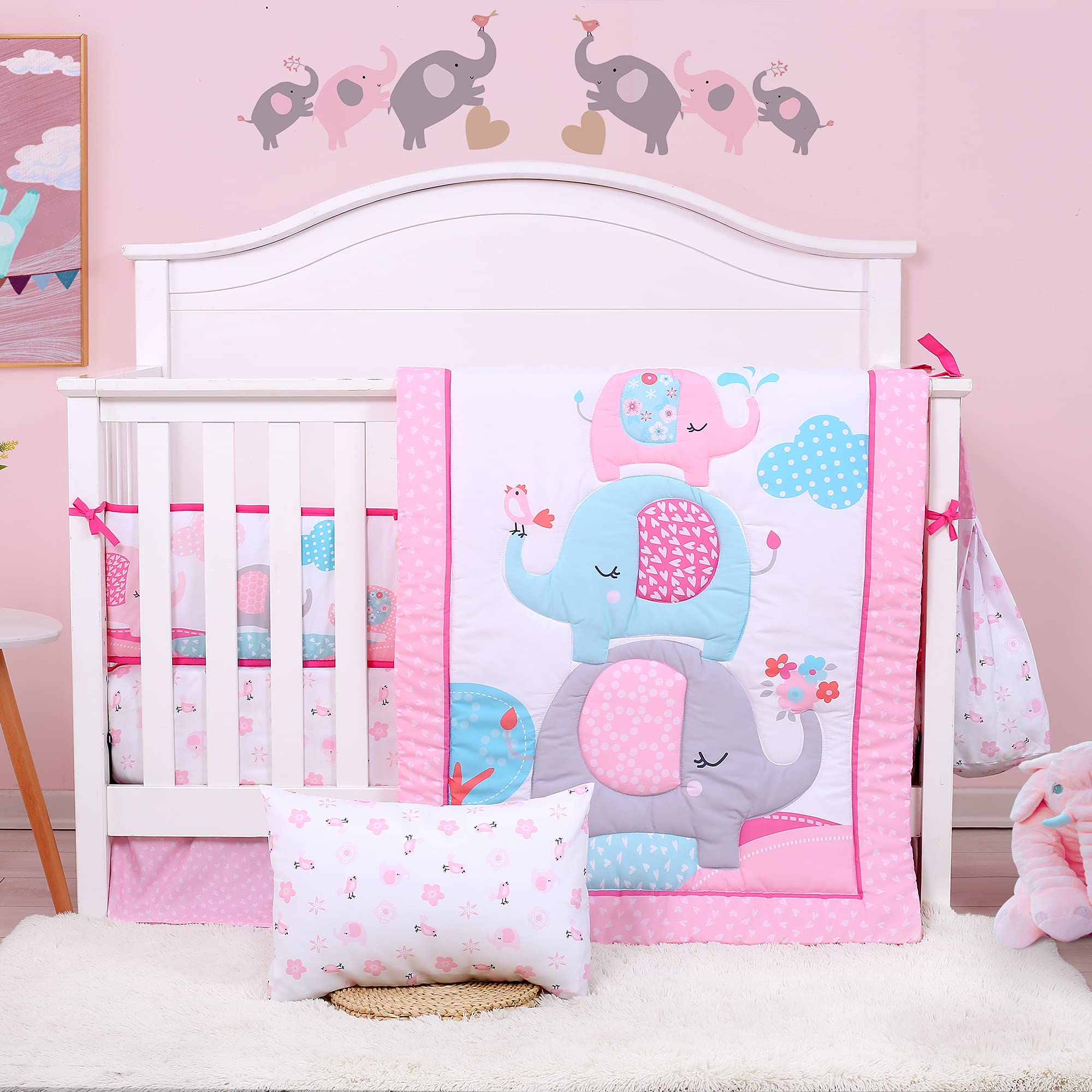 JISEN 3 Piece Crib Bedding Set Crib Quilt Crib Sheet Pillowcase - Soft Microfiber Printed Nursery Set for Baby Boys or Girls Pink Elephant