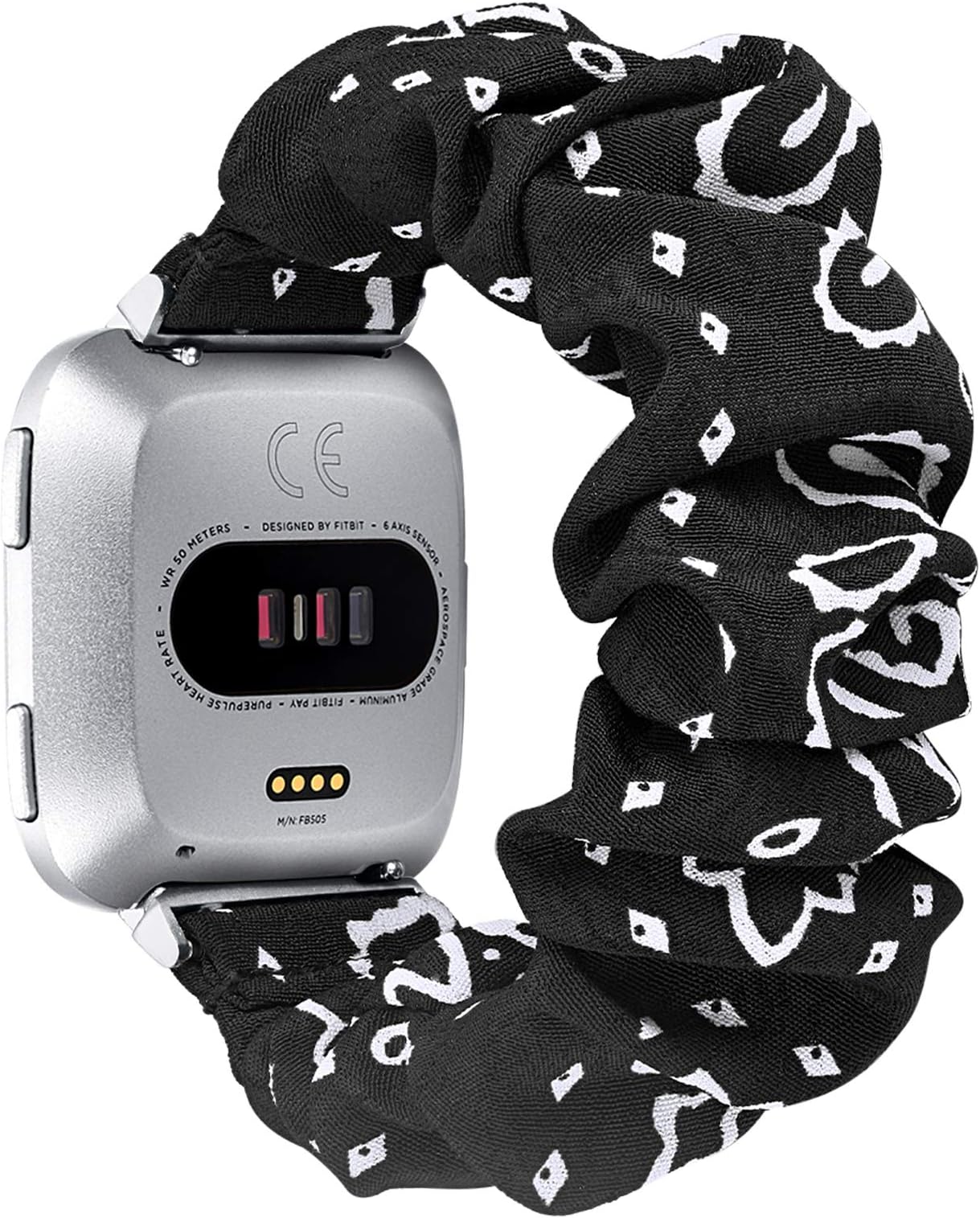 fastgo Scrunchie Bands Compatible with Fitbit Versa/Versa 2/Versa Lite Special Edition Women, Elastic Stretch Fabric Strap Replacement Pattern Printed Wristband Bracelet Accessories(Black)