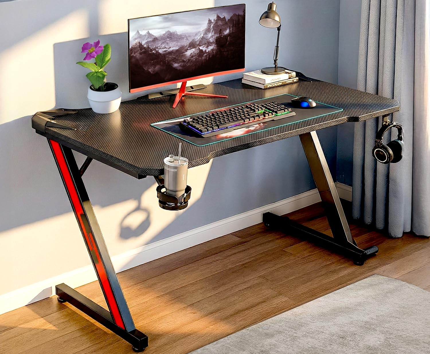 White Mulberry Gaming Desk, Computer Desk with Carbon Fiber Surface, Z Shaped Gaming Table, PC Gaming, Workstation, Home Office Desk with Cup Holder a...