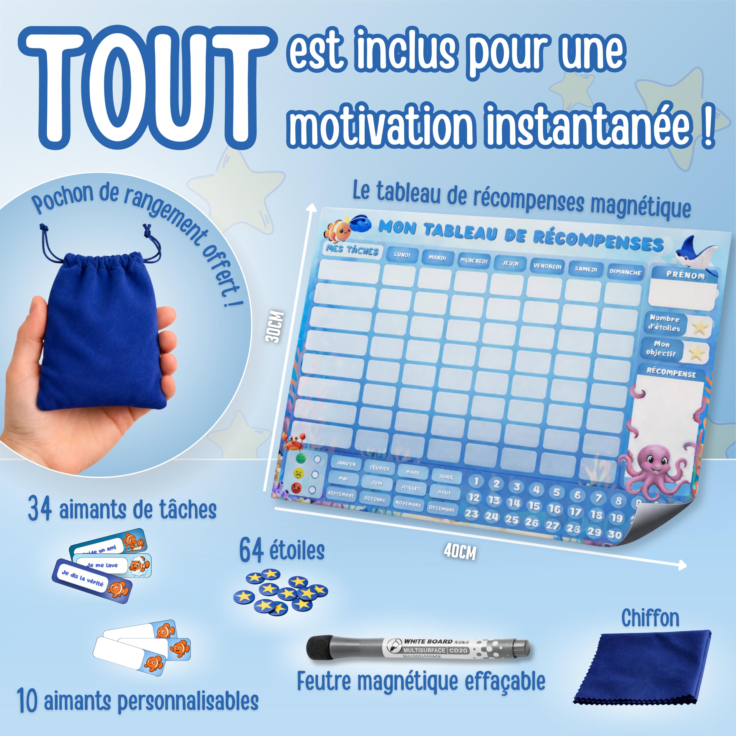 Tableau de récompense Enfant avec Humeur & Date – Tableau magnétique comportement & tâches Quotidiennes | Planning Enfant, Routine & Bon Point | autonomie (Océan)