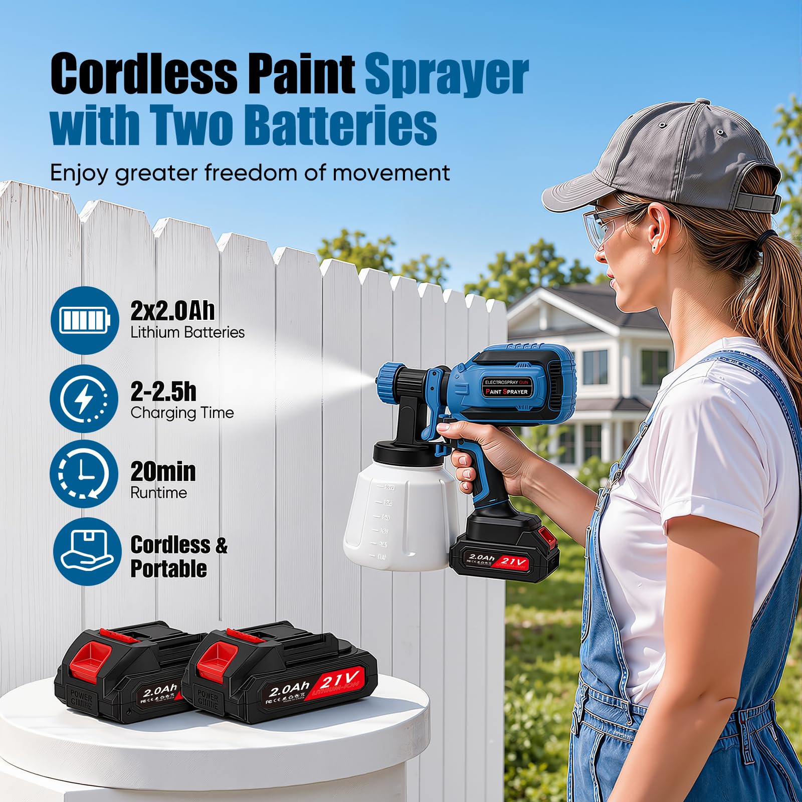 Pistola de Pintura Eléctrica 21V, 800 ml/min Pistola para Pintar HVLP con 5 Boquillas & 3 Patrones de Pulverización, Depósito 1200 ml, 2X Baterías 2000mAh – Ideal para Muebles, Vallas, Puertas