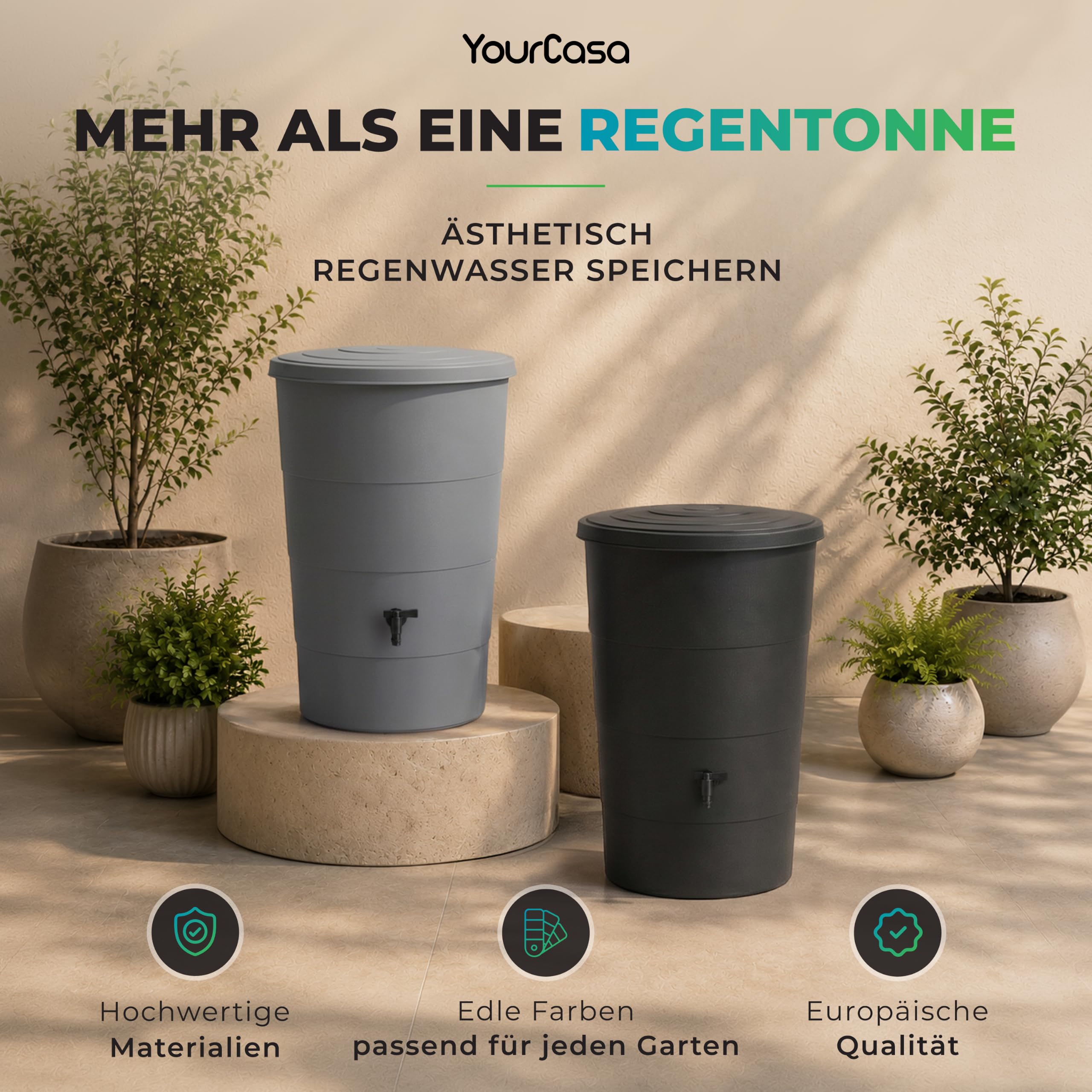 YourCasa Regentonne 200 Liter [inkl. Anschlusset & Bohrer] Regenfass Wetterfest aus Kunststoff mit Wasserhahn - Regenwassertonne - Wasserfass Regenwassertank Wassertonne für Garten (Anthrazit, 200L)