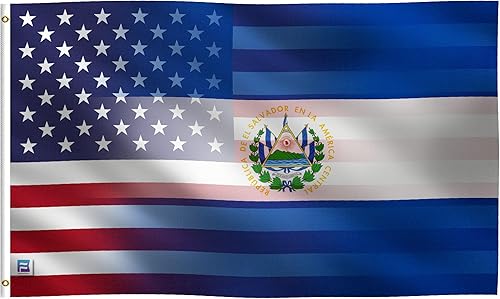 Bandera híbrida salvadoreña estadounidense de 3 x 5 pies pancarta 100% poliéster, ojales de latón y cabecera de lona fuerte, para uso en exteriores