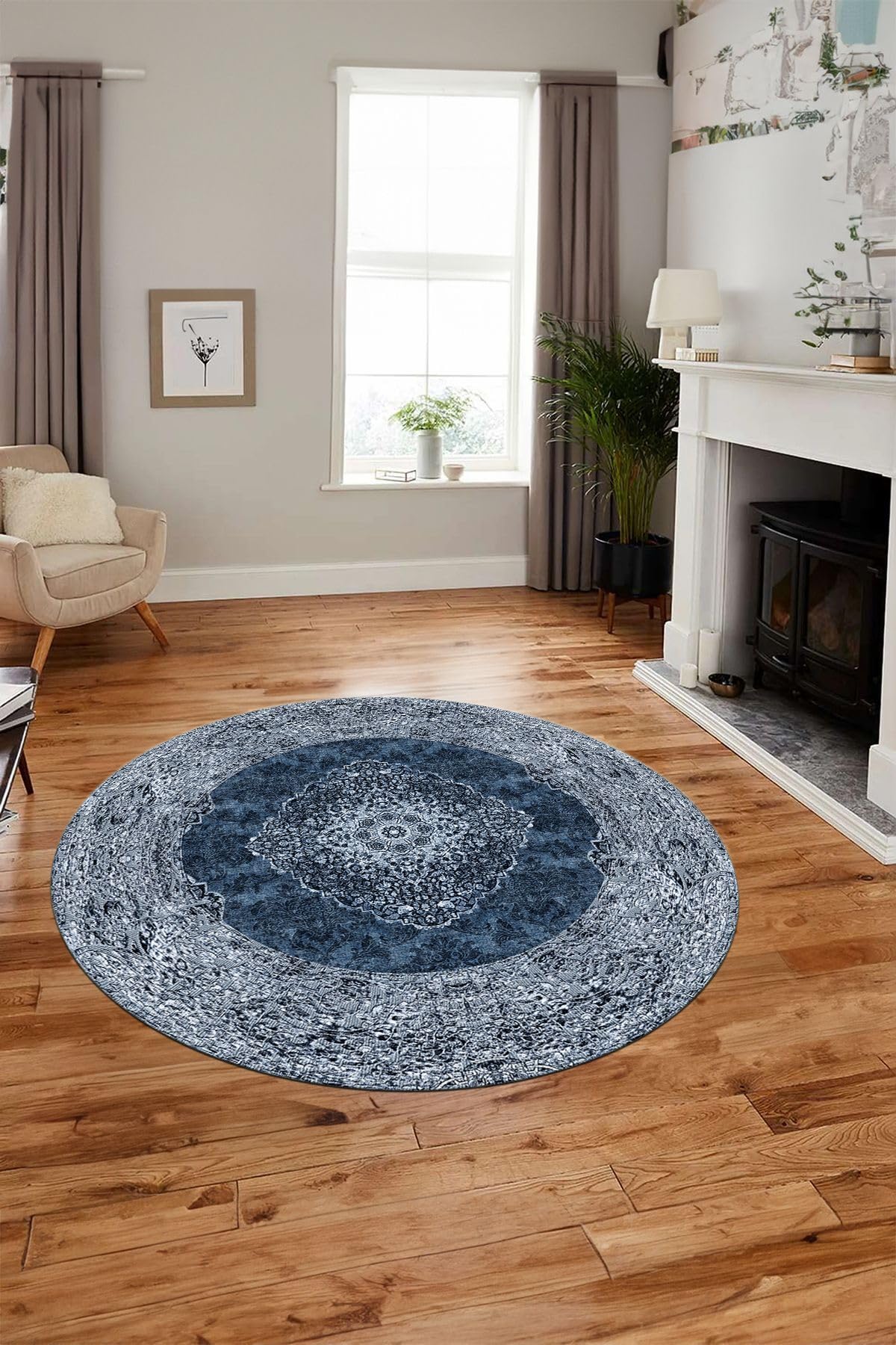 Evdeya Baskılı Kaymaz Yıkanabilir Göbekli Klasik Desen Yuvarlak Salon Halısı Y-KLASİK-07, Mavi, 160 x 160