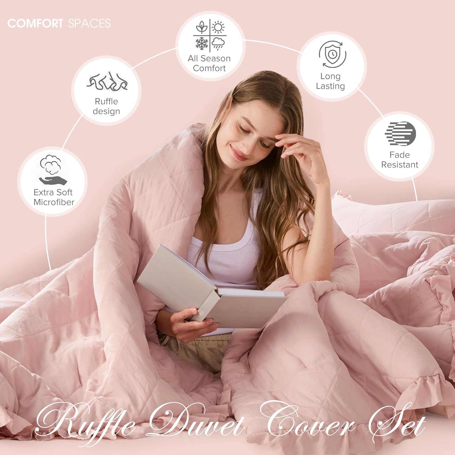 Comfort Spaces Blush Twin Duvet Cover Set - 2 Pieces Ruffle Diamond Quilted Duvet Cover, All Season Lightweight, Cotton-Like Softness Pre-Washed Microfiber Twin Bedding Cover & Sham, Twin