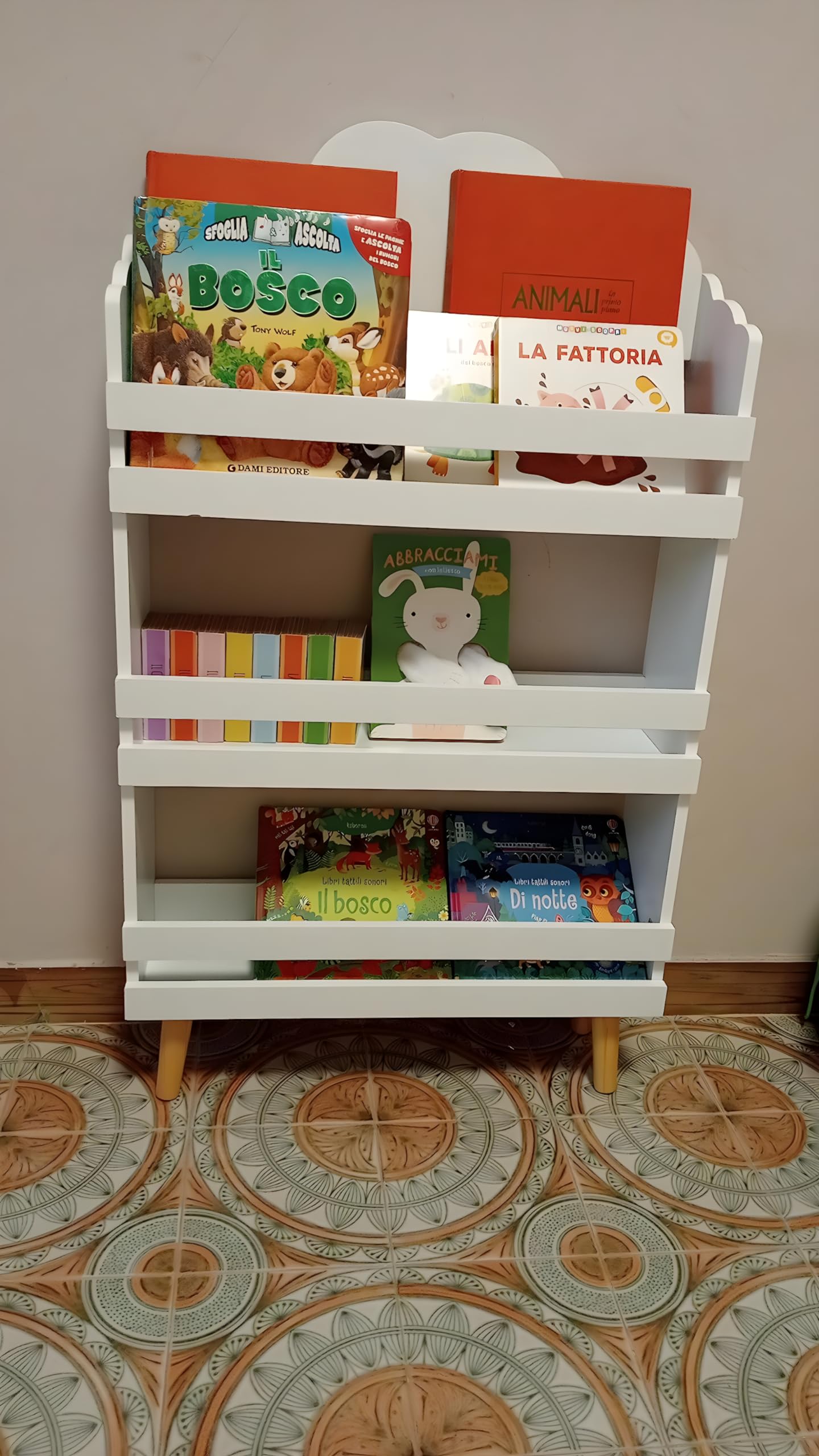 Libreria per Bambini, Scaffale per Bambini a 3 Livelli, Scaffale per Libri e Giocattoli, Scaffale per la Cameretta dei Bambini, in Legno MDF, 58x18x98 cm, Bianco