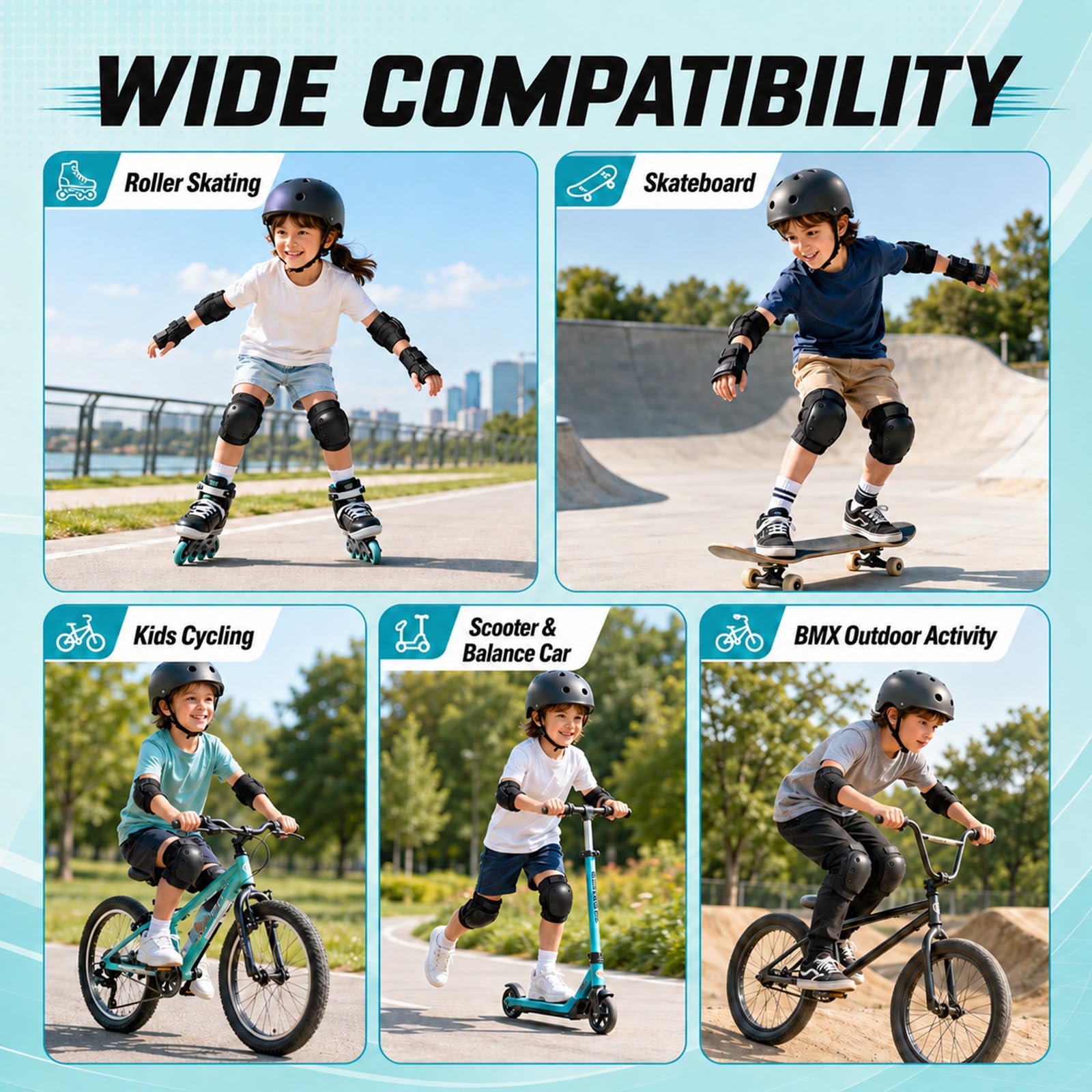 Ensemble de Protection 6 en 1 pour Enfants, genouillères, coudières, protège-Poignets avec Coque en polypropylène et Coussin EVA, Coussinets réglables pour Patinage à roulettes, Skateboard