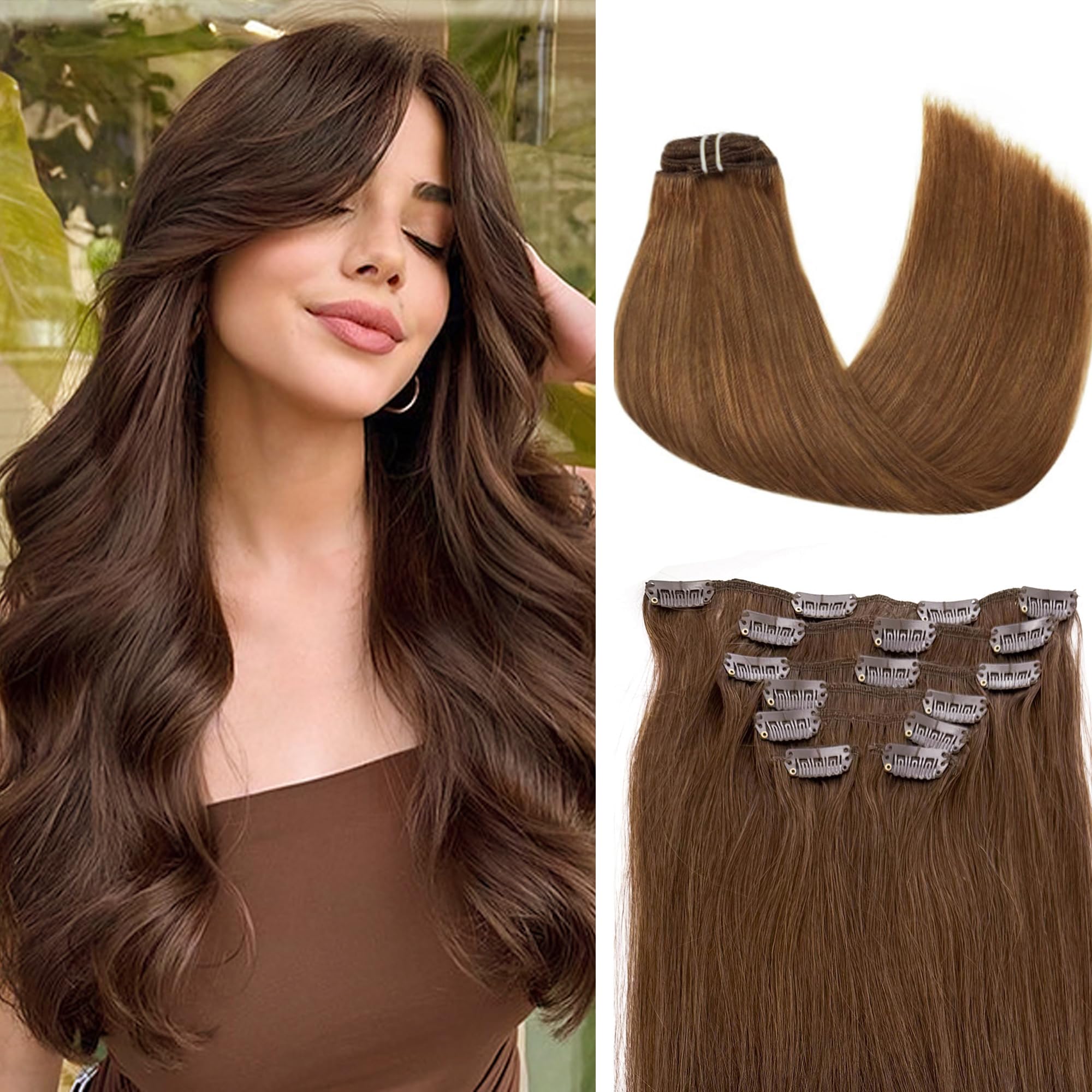 Roserer Clip in Hair Extensions Real Human Hair Remy Straight Clip in Human Hair Extensions Invisible Seamless Integration for Daily Use & Special Occasions (20 Inch Dark Borwn,7pcs/70g)