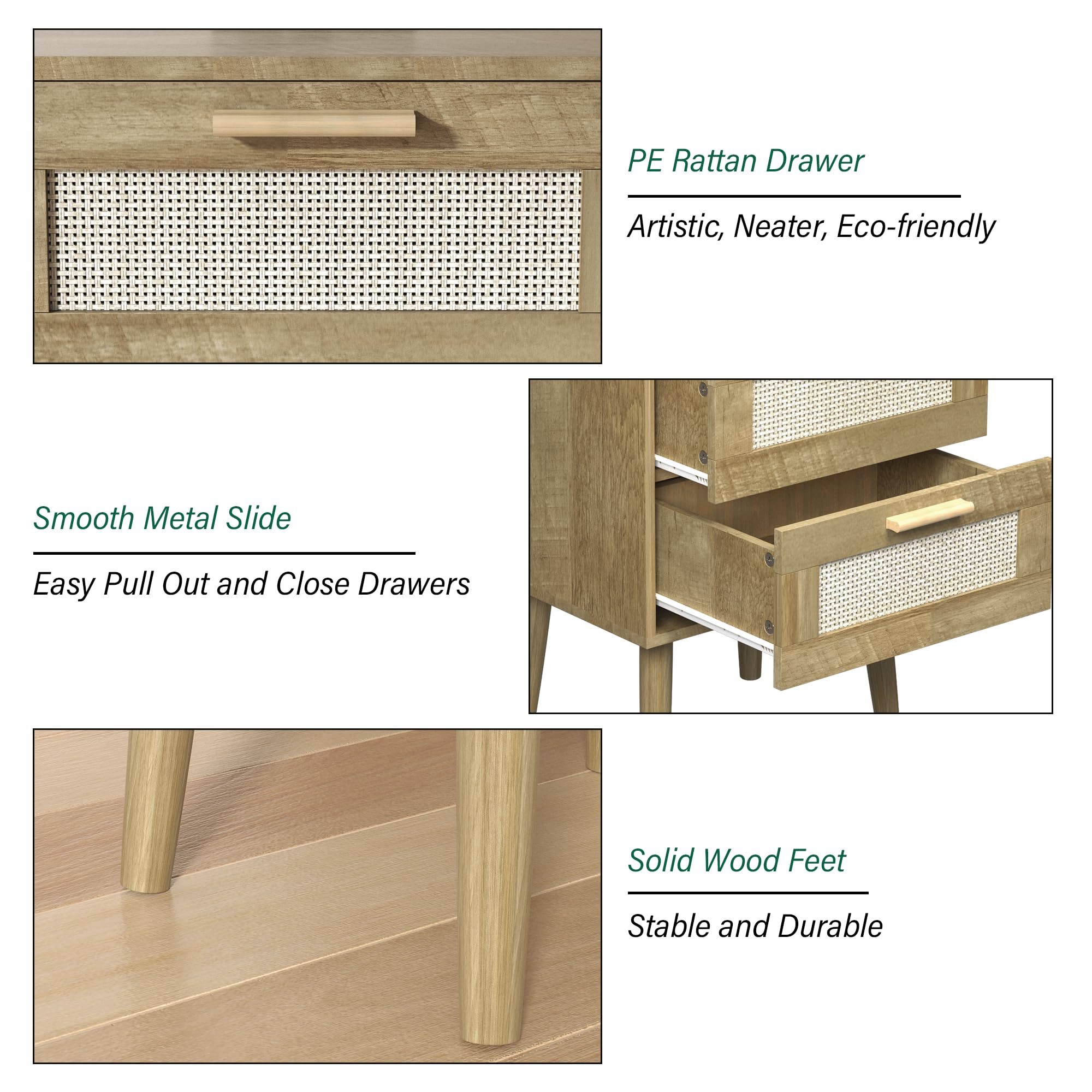 Comodino con stazione di ricarica, comodino in rattan con gambe in legno massello, comodino con porte USB e prese USB, tavolino da letto, tavolino per camera da letto, soggiorno