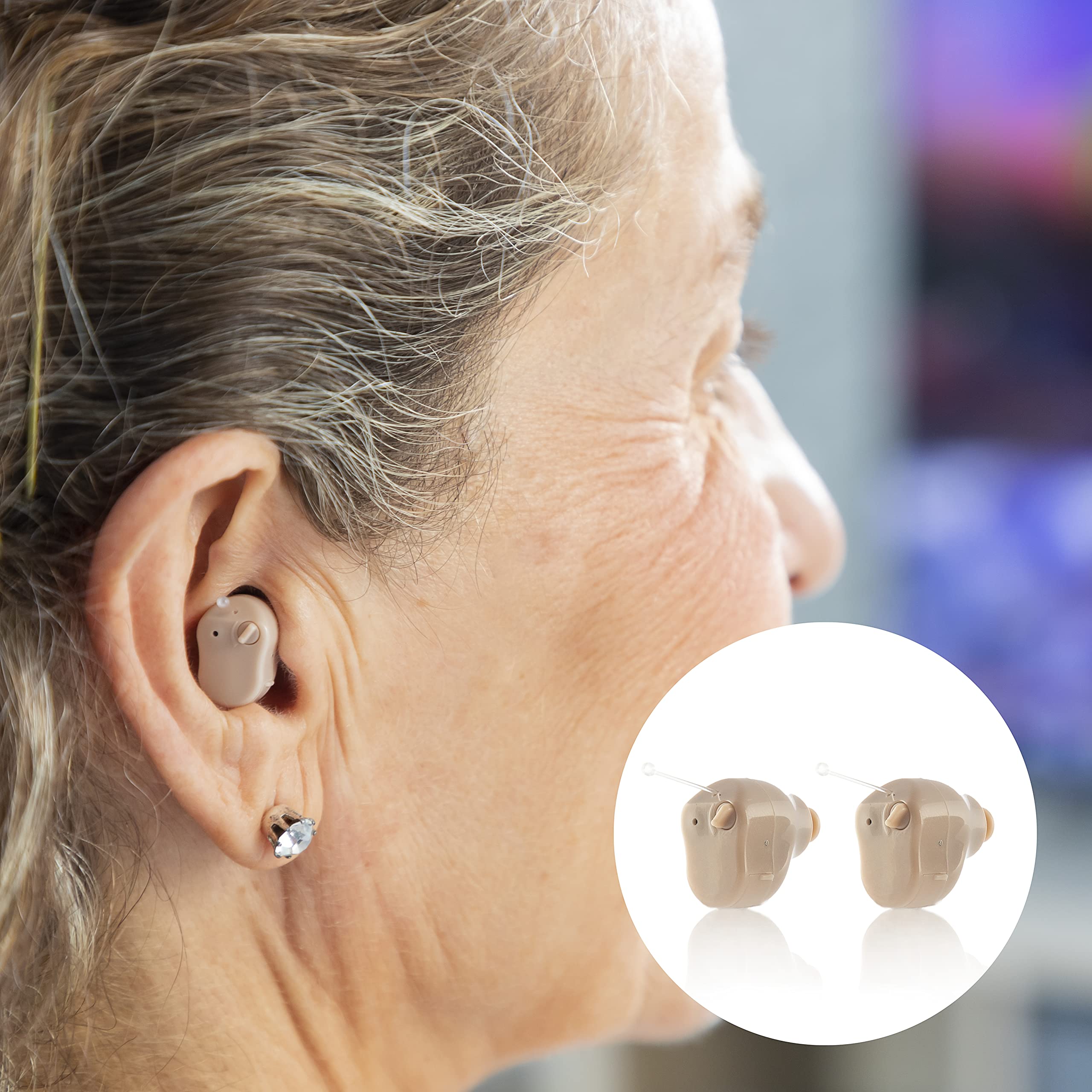 InnovaGoods® Amplificatore acustico intrauricolare Hearzy con 3 modalità audio, 3 livelli di volume, microfono, cavo per collegare a dispositivi esterni, custodia per il trasporto, ideale per la music