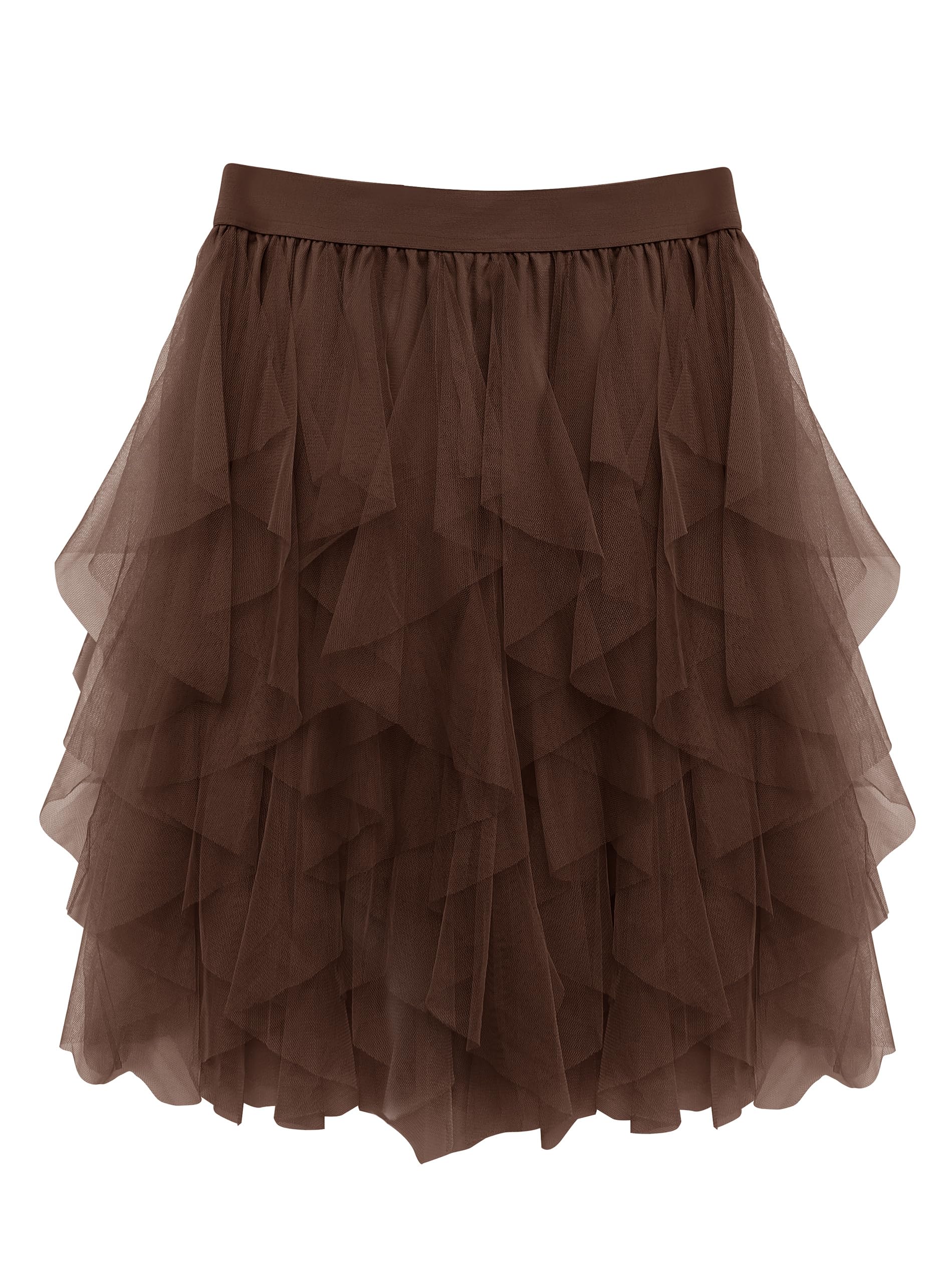 Wikoan Tulle Skirt Women Multilayer Mesh Irregular Pleated Knee-Length Festival Party Skirt for Halloween Christmas Daily,Dark Brown,L-XL